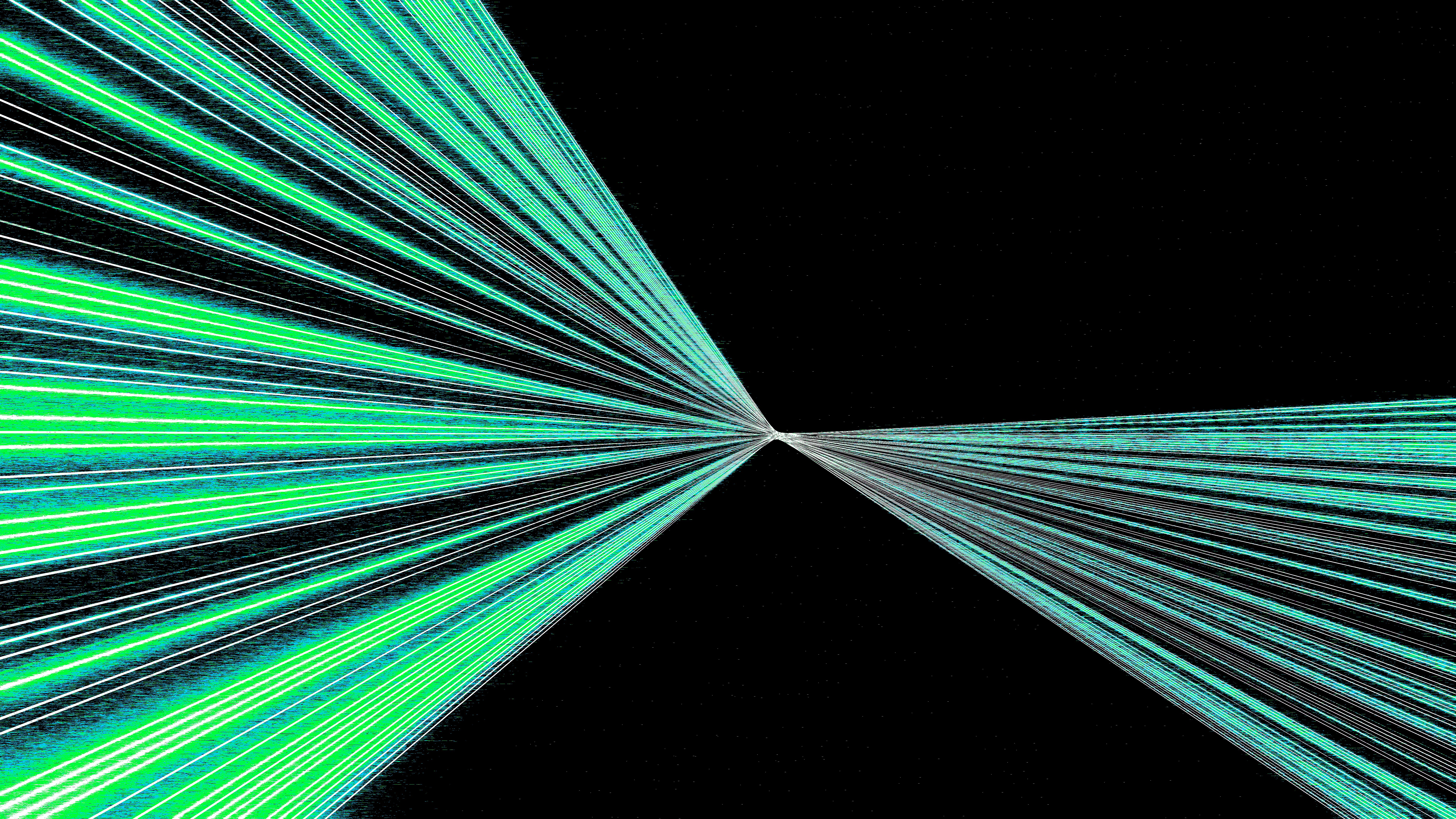 Abstract green and white light streaks on black background