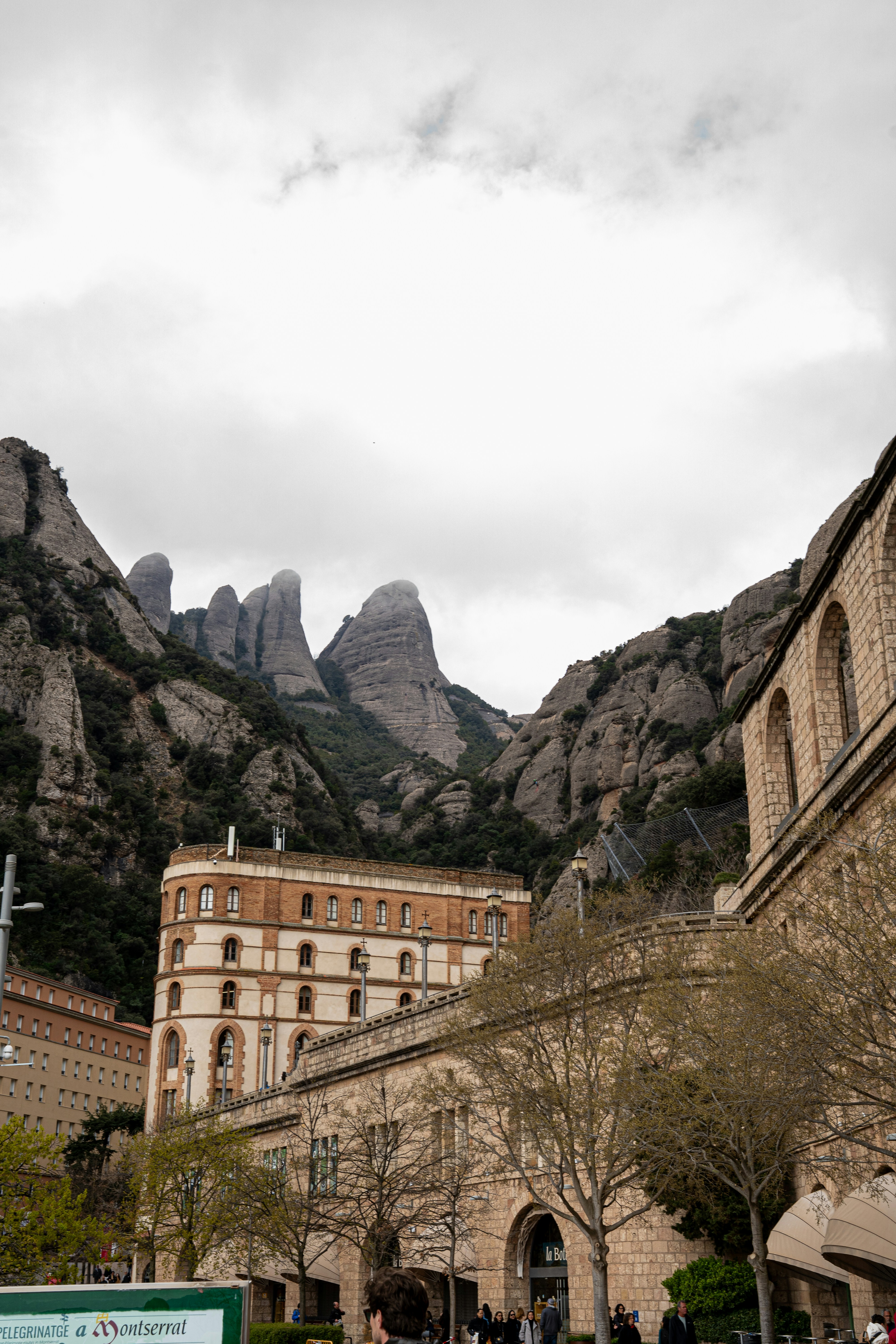 Rocky mountains rise behind historic buildings and trees.