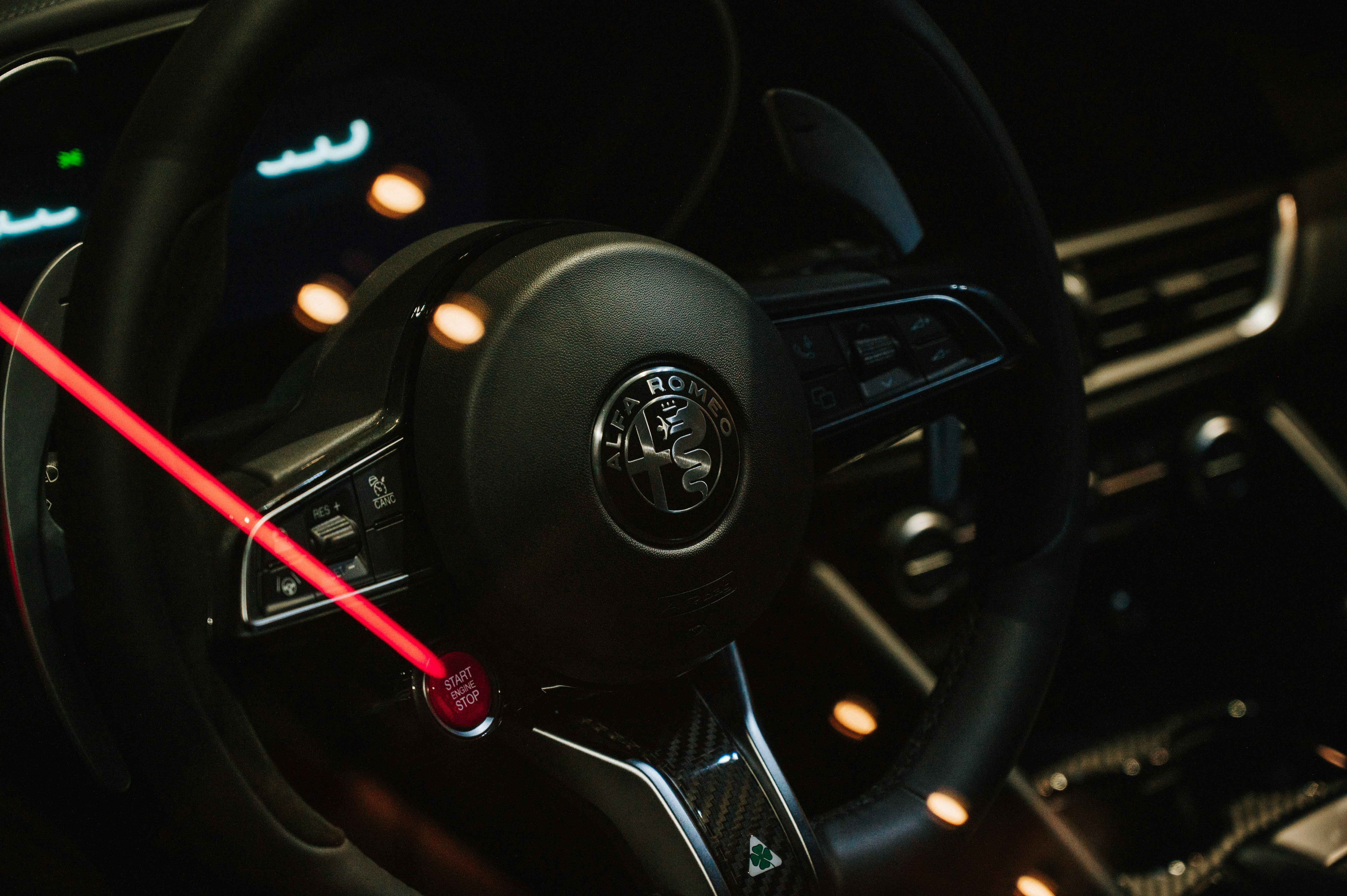 Close-up of a modern car's steering wheel