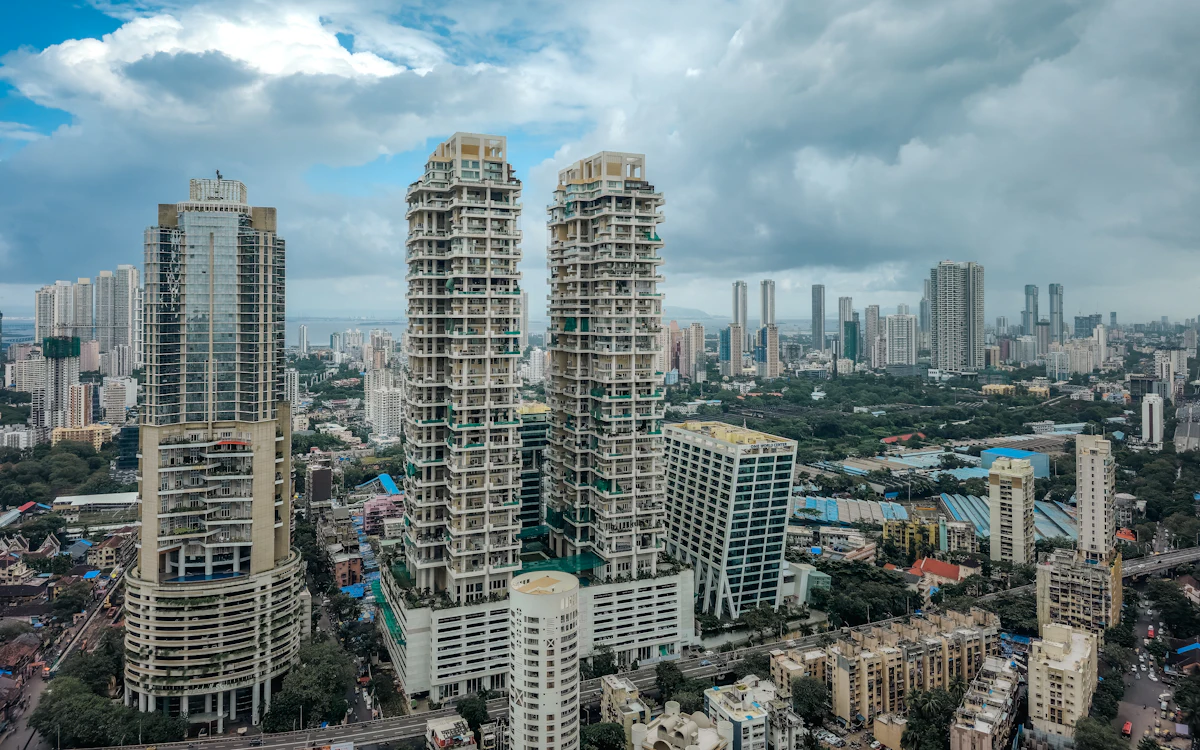 Dense skyline of financial district office towers