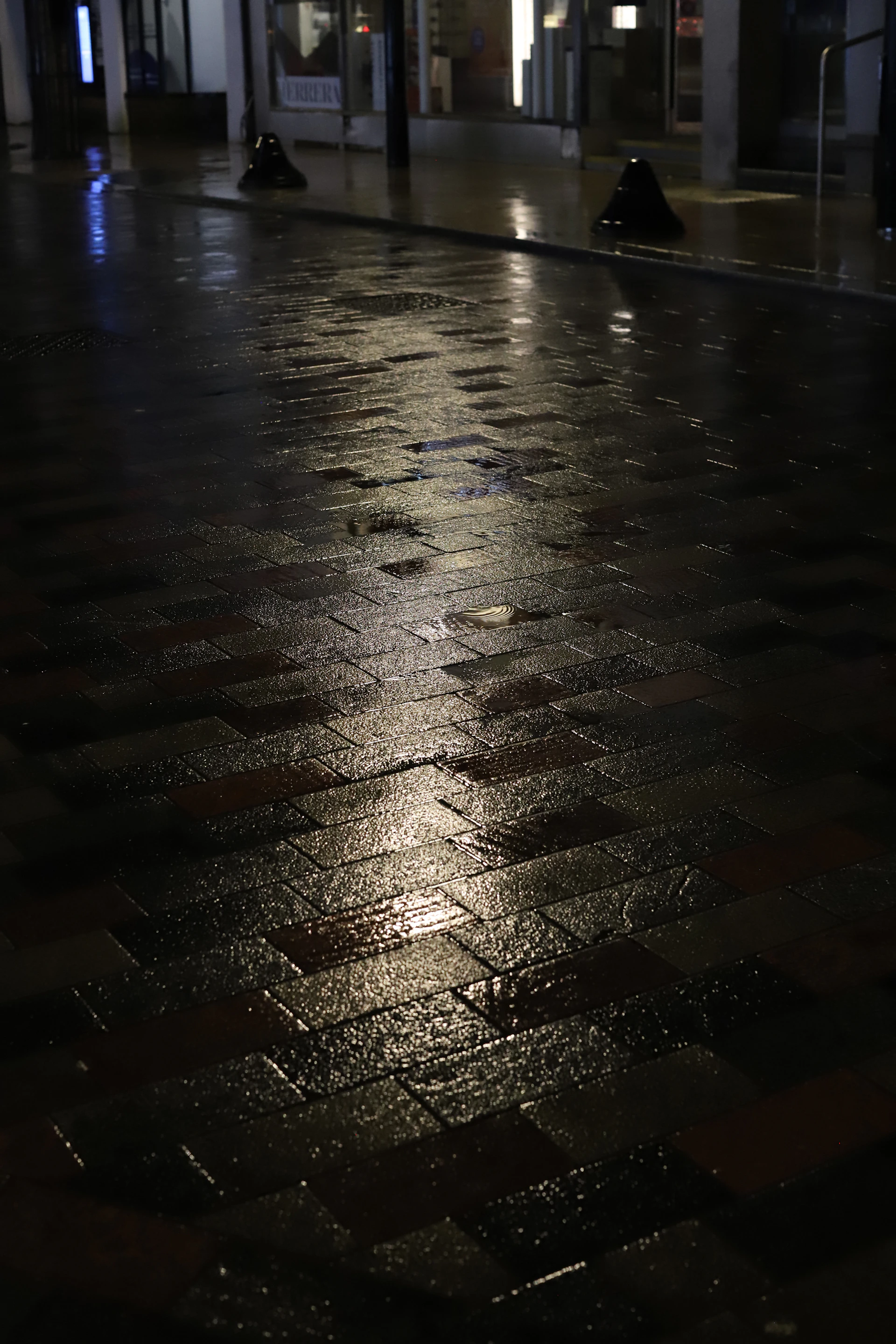 Wet brick pavement reflecting streetlights at night