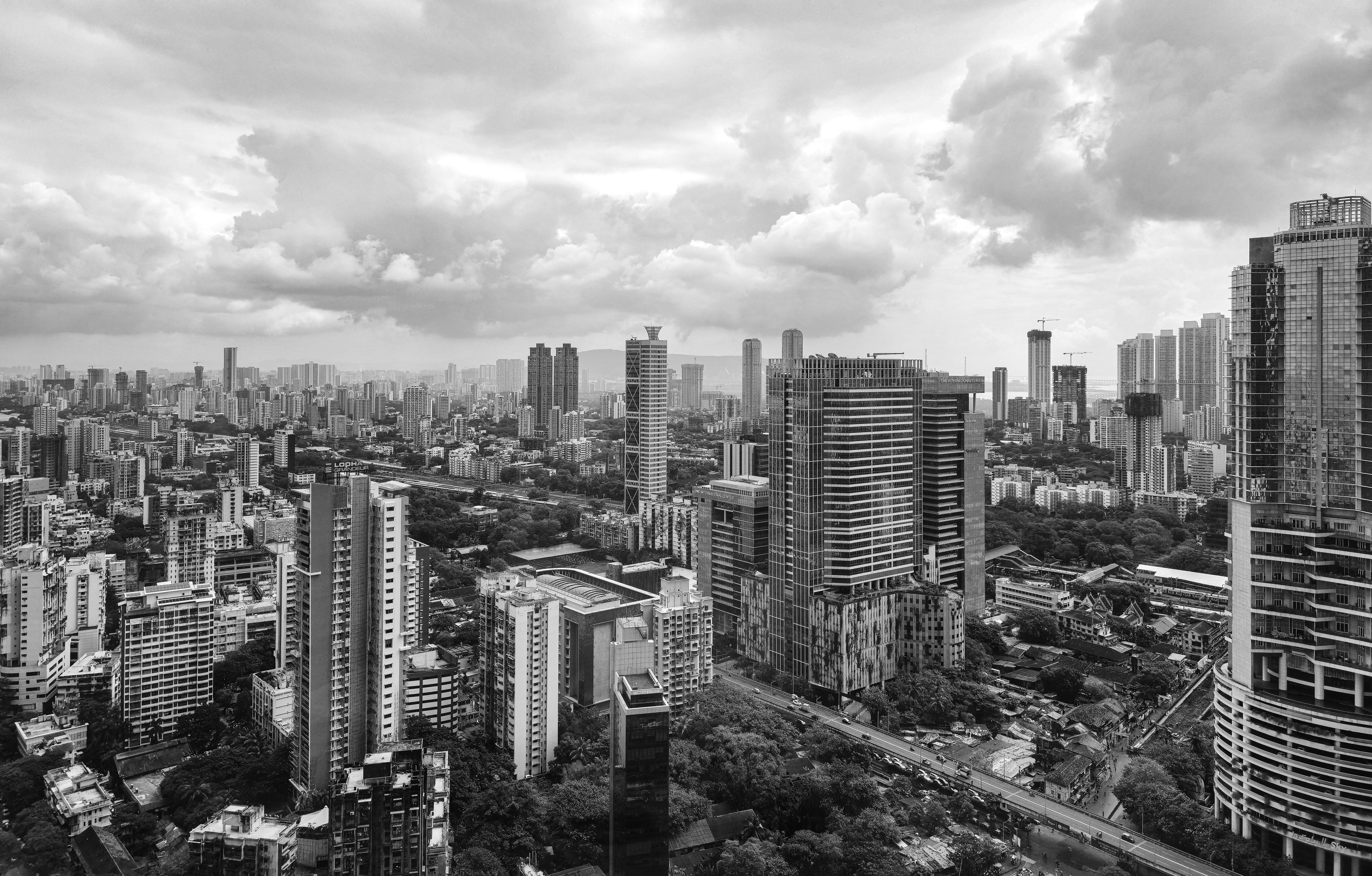 Paisaje urbano monocromo con edificios altos bajo cielo nublado
