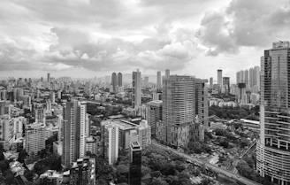 Monochrome cityscape with tall buildings under cloudy sky