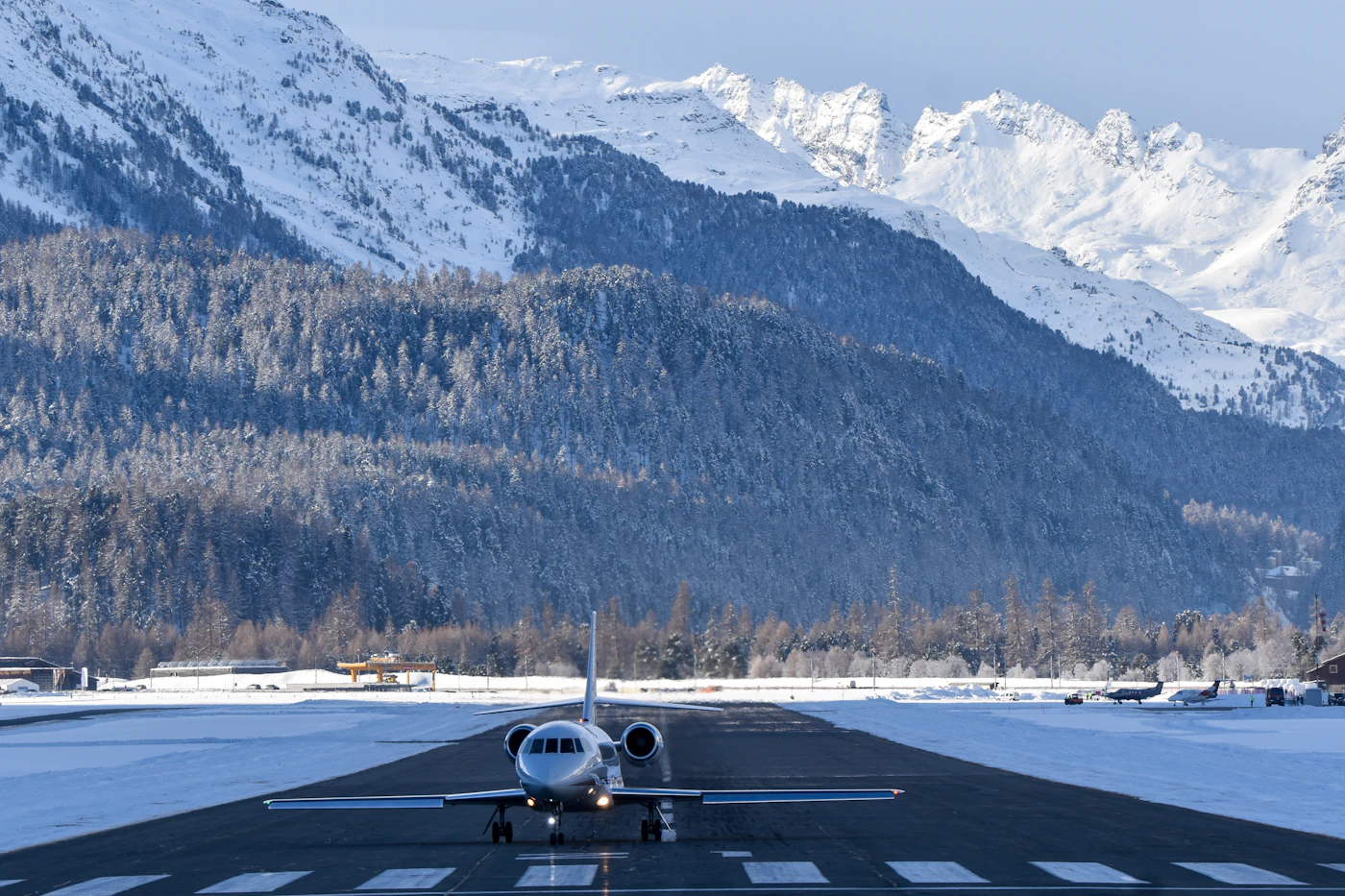 Dassault Falcon 2000EX private jet on an alpine airport runway