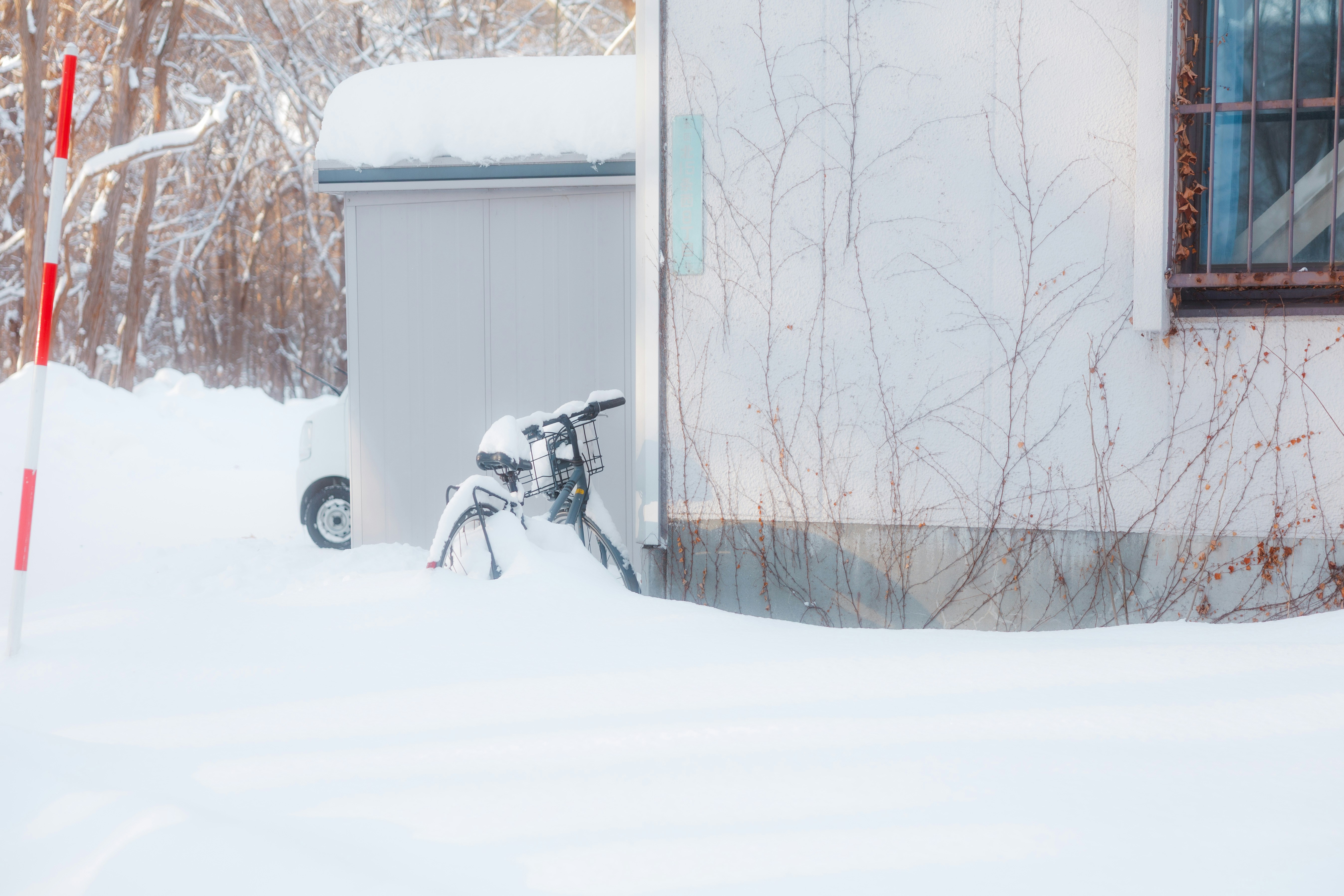 Bicycle covered in snow next to a building