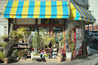 A small shop with many plants outside