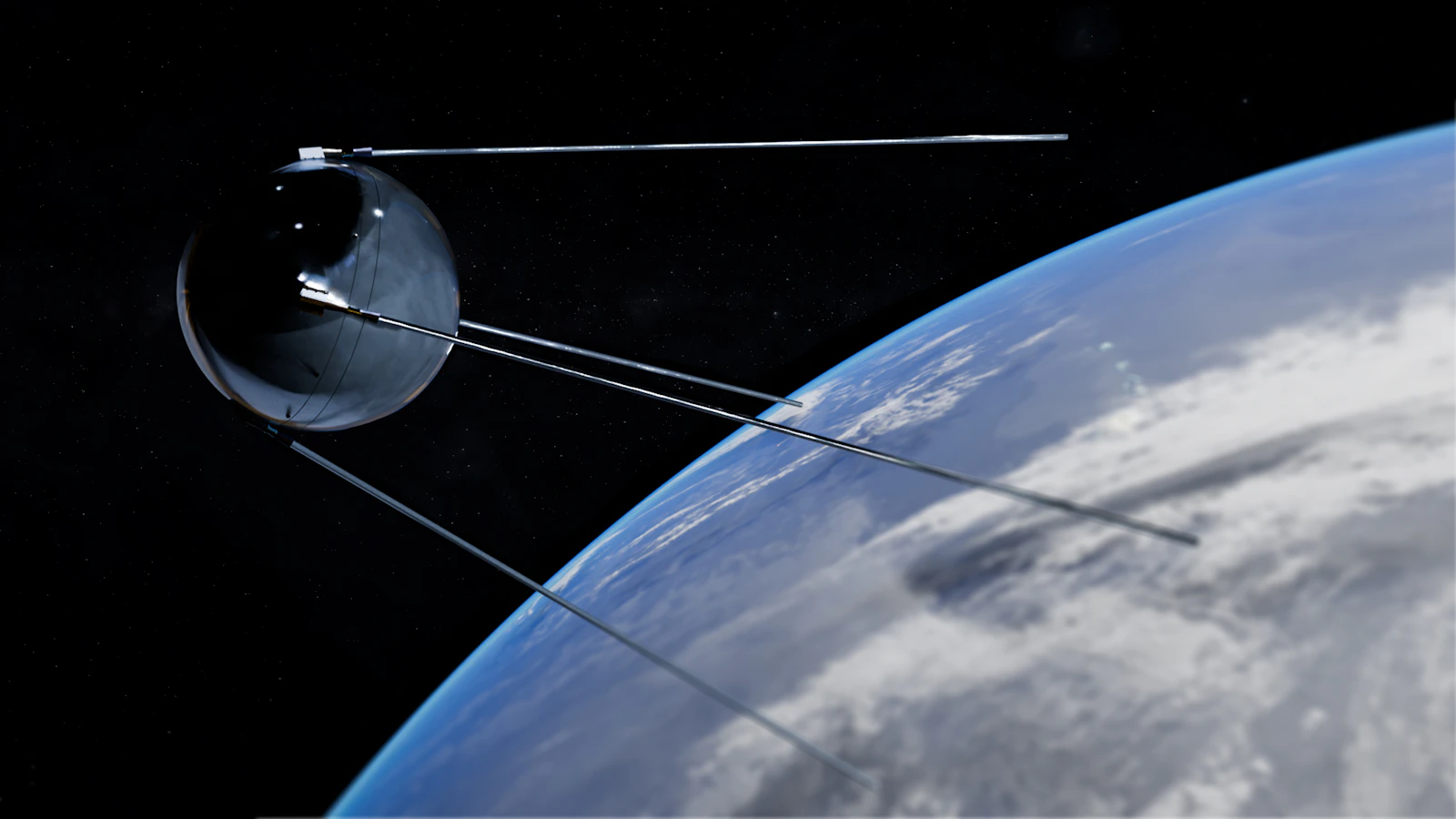 Satellite orbiting Earth with clouds visible below against the dark of space