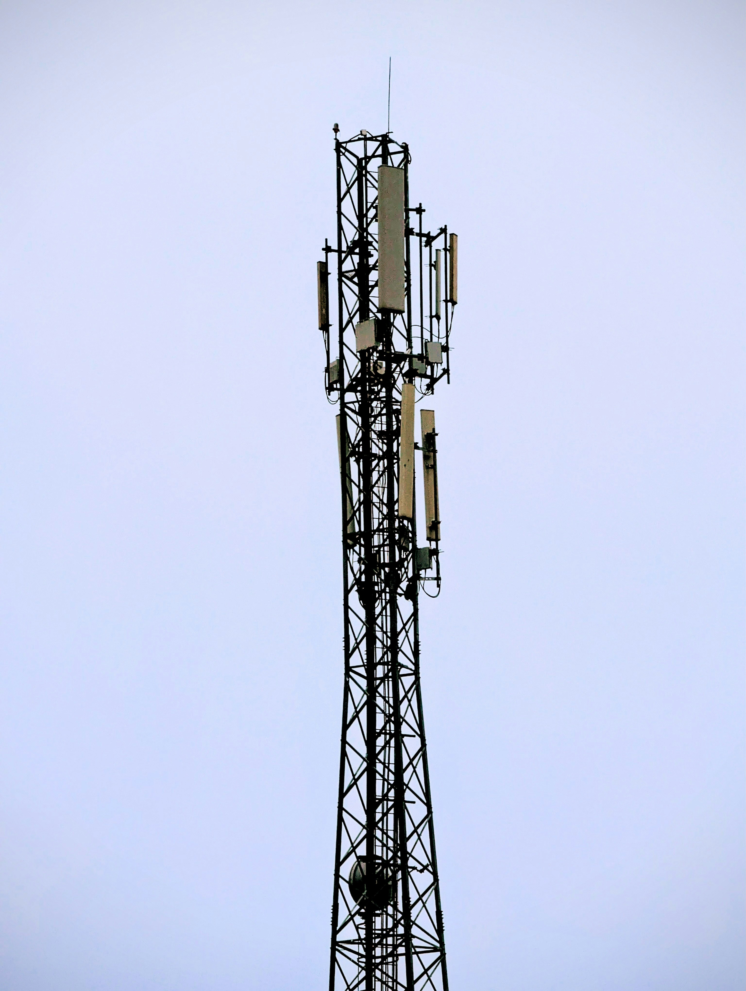 Ein hoher Mobilfunkmast vor einem blassen Himmel