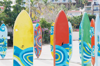 Colorful surfboards lined up outdoors on a sunny day.