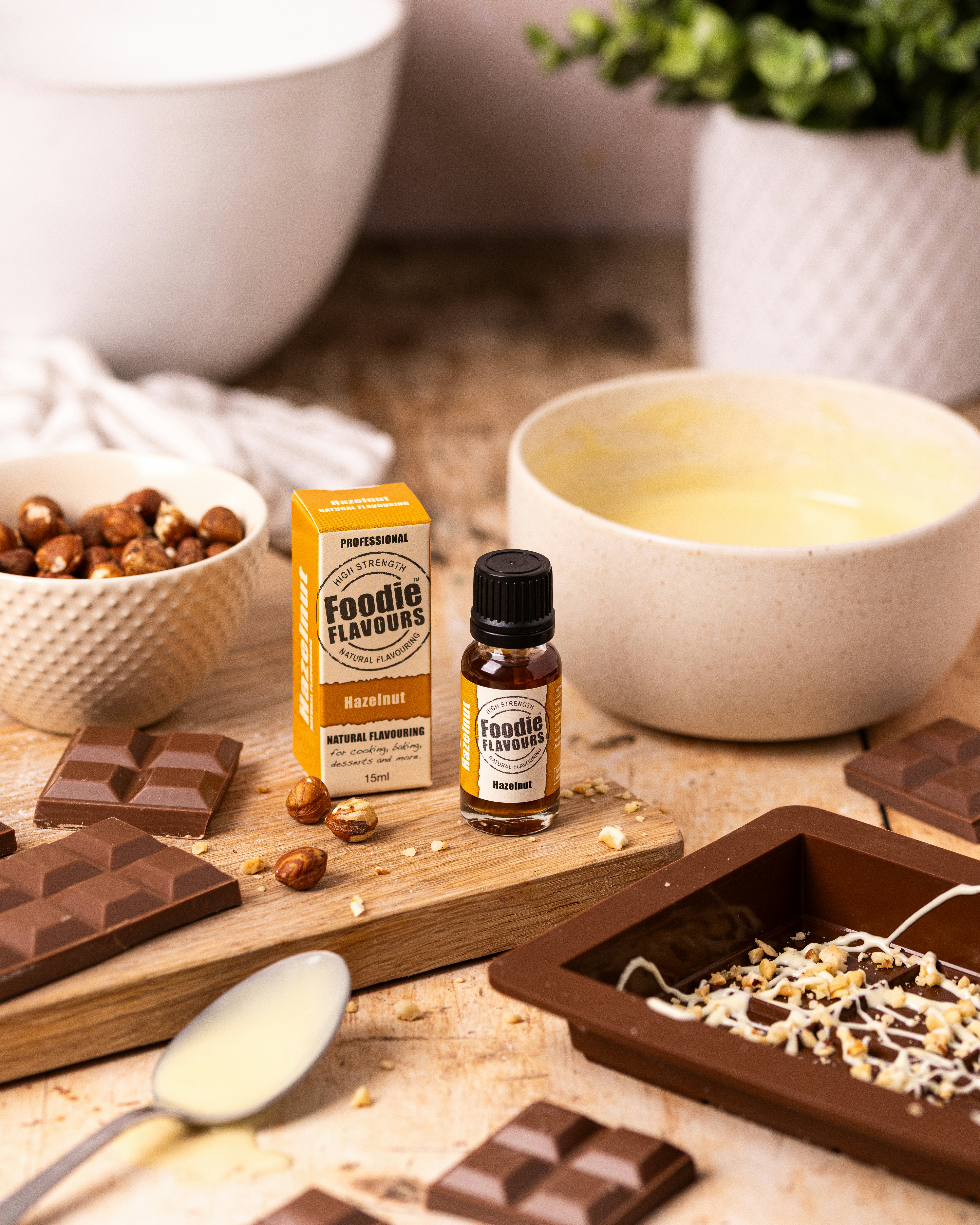 Chocolate making ingredients with hazelnut flavouring flavoring.