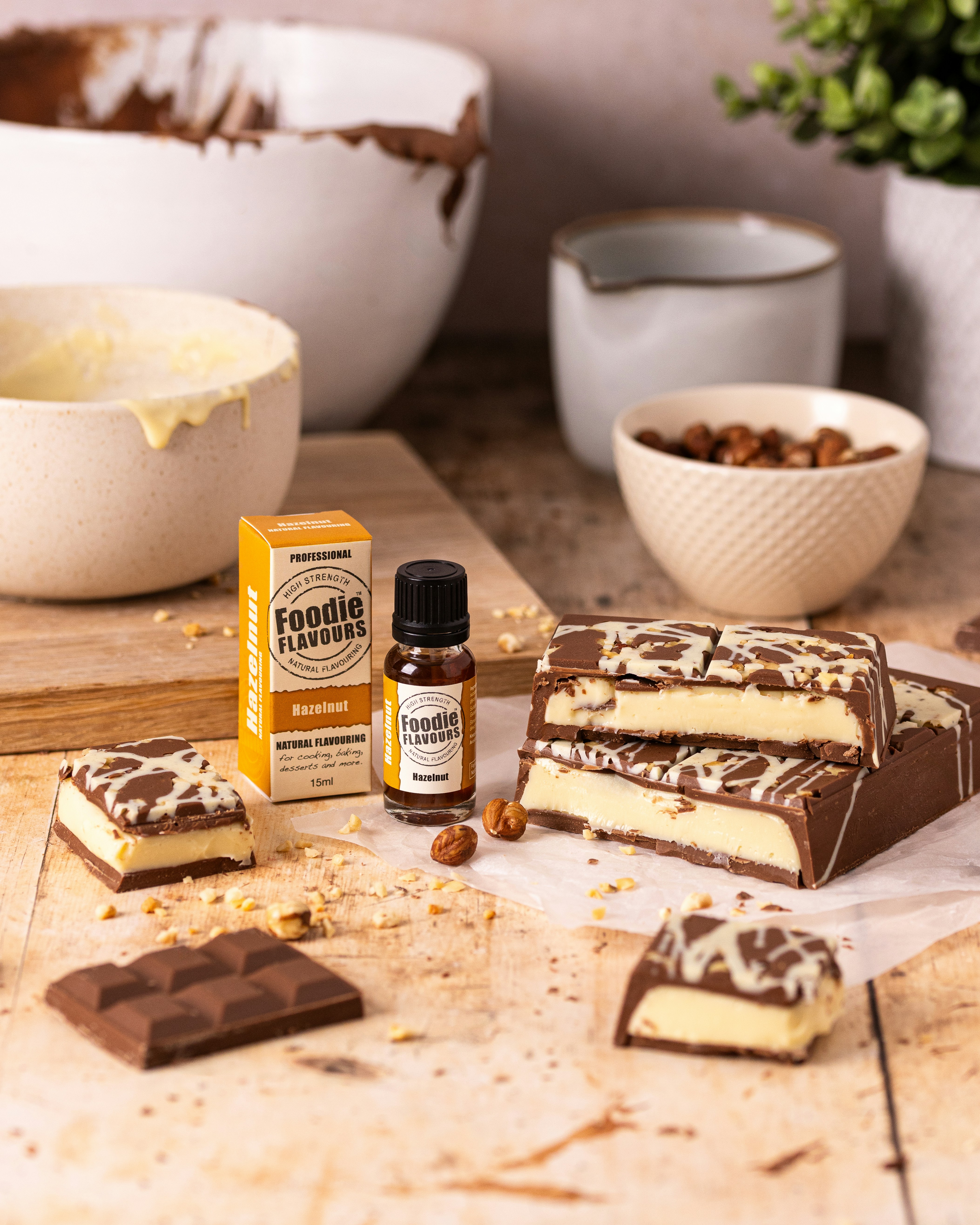 Chocolate bars with hazelnut flavor and ingredients