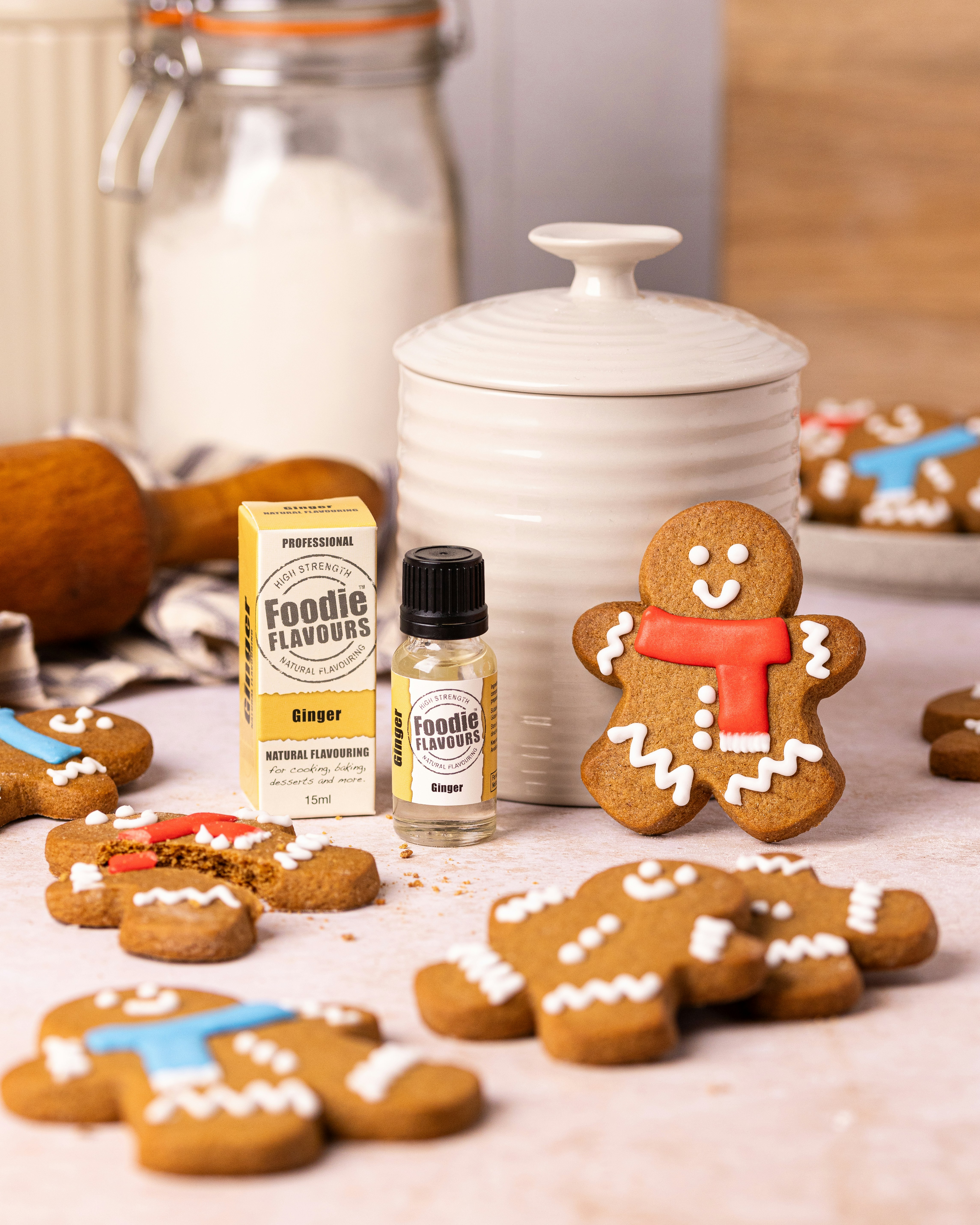 Gingerbread cookies and ginger flavoring with baking ingredients.