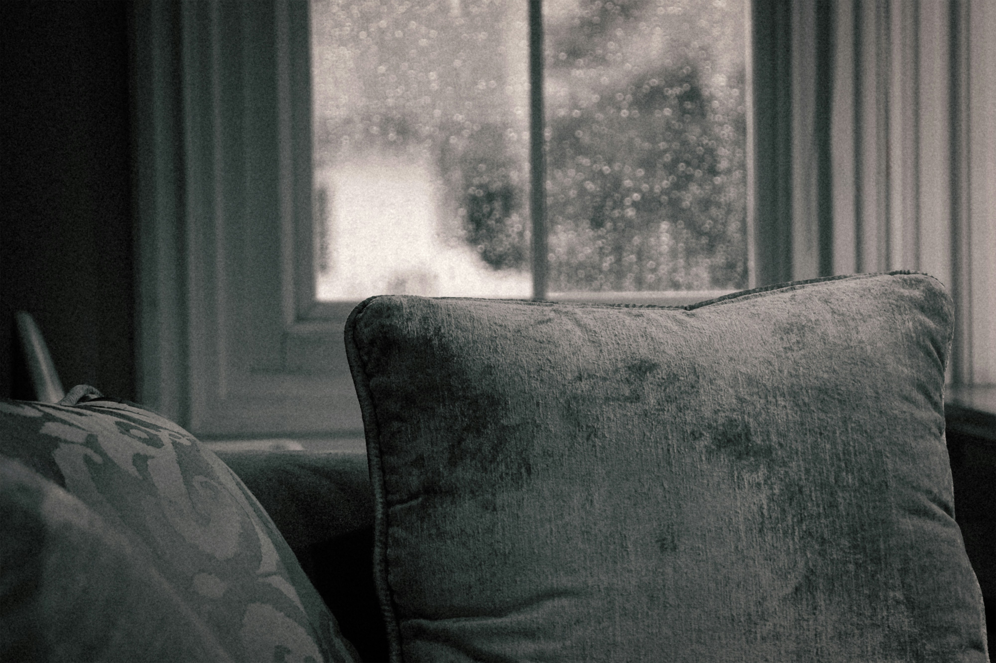 Rainy day seen through a window from inside.