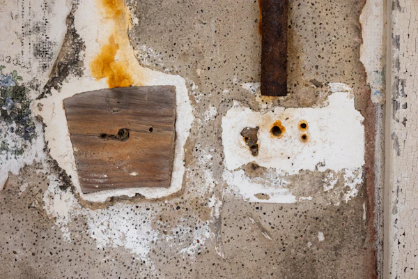 Water-stained concrete wall showing moisture damage before restoration
