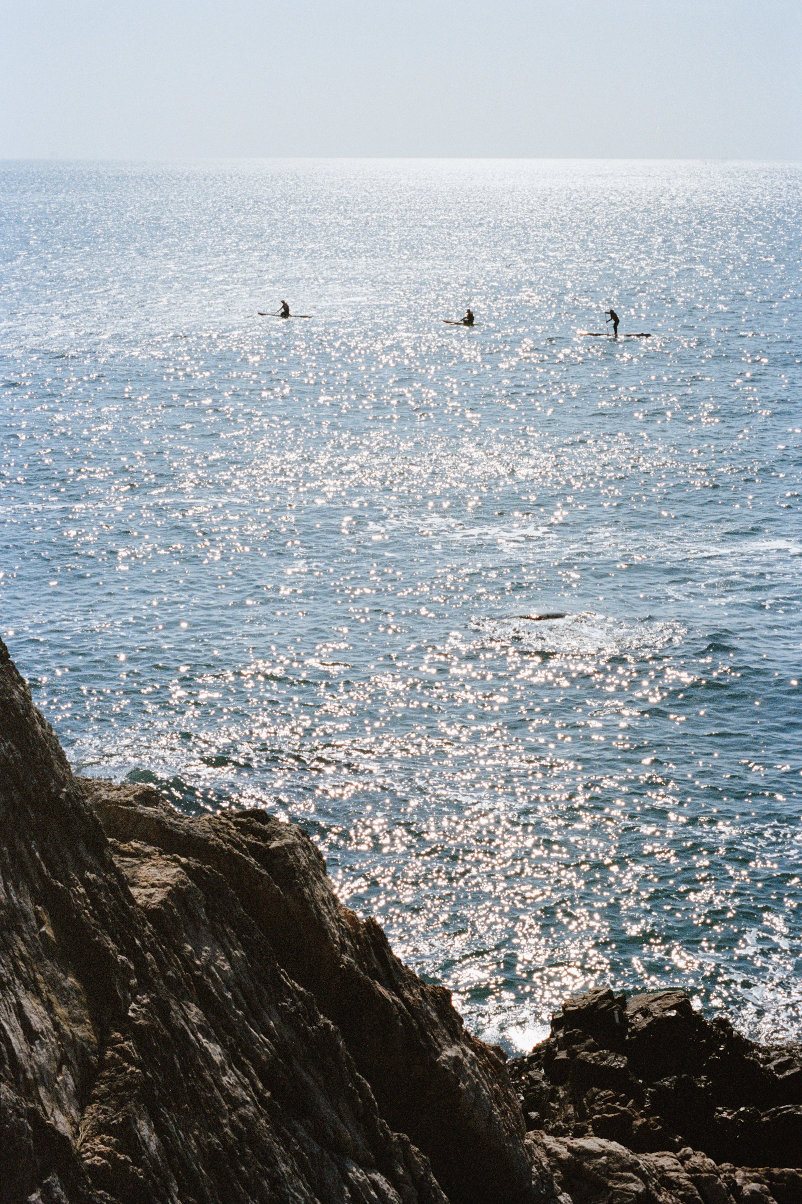 People paddleboarding across open water