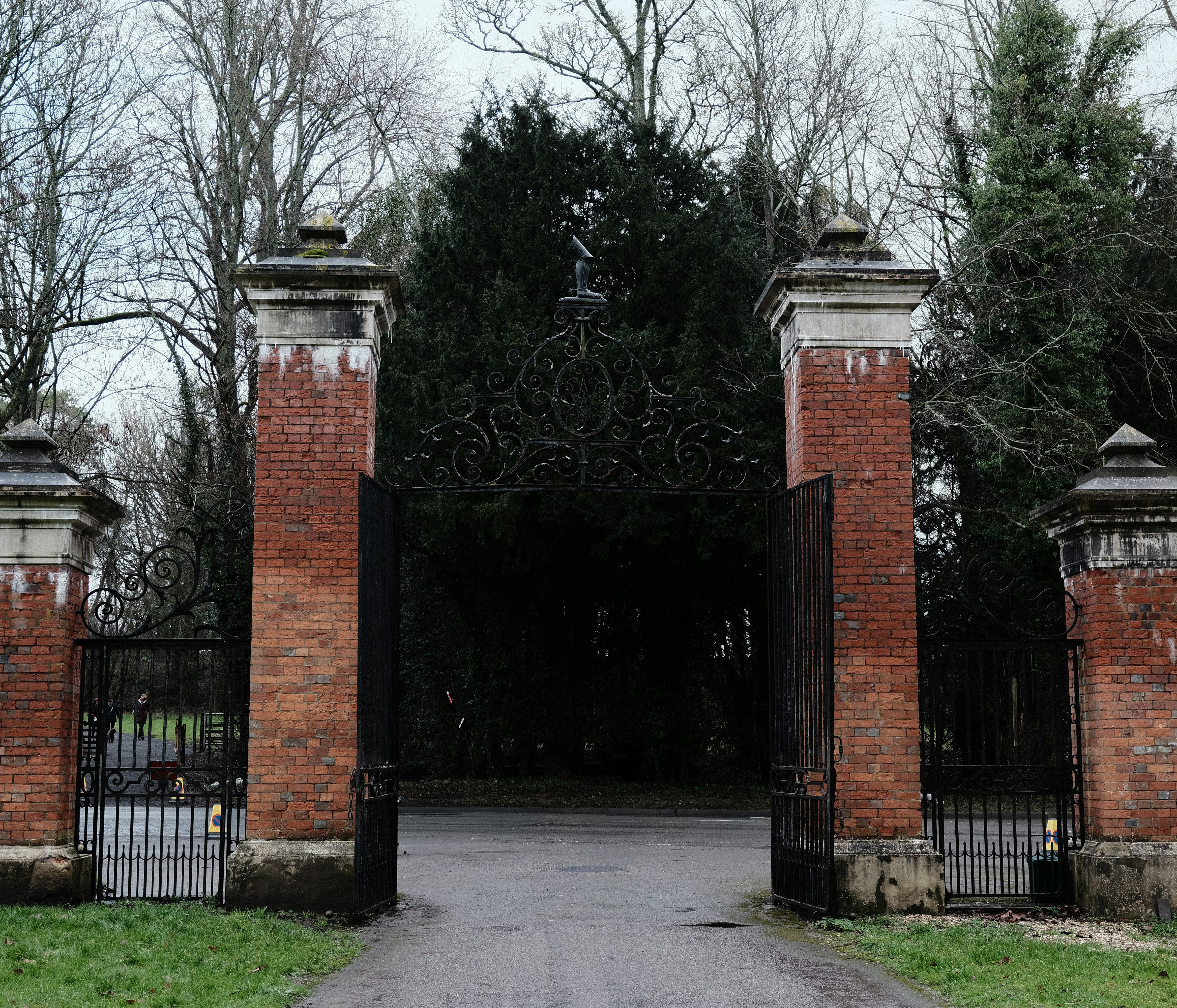 Ornate wrought iron gates open to a tree-lined driveway.