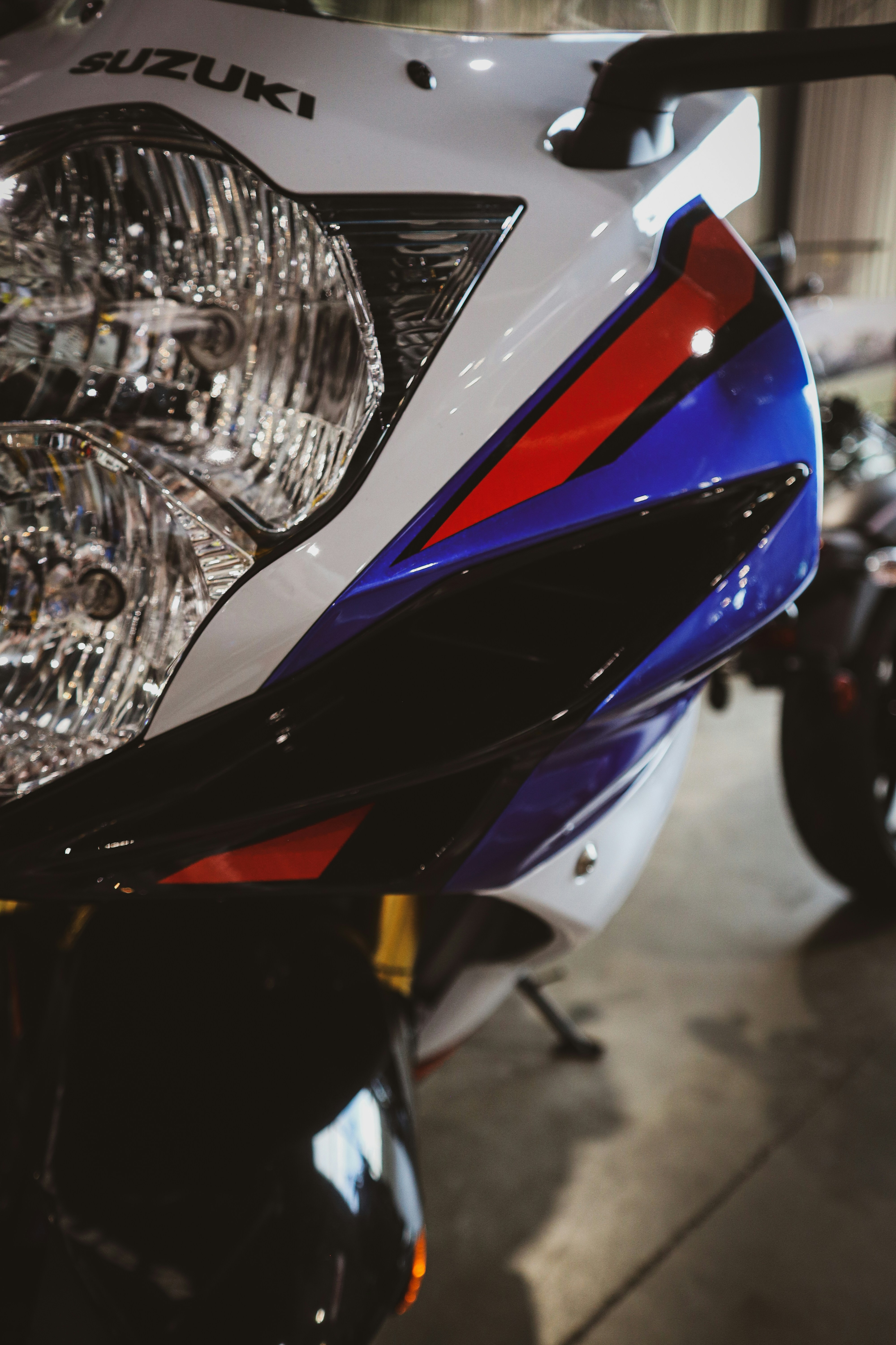 Close-up of a white suzuki sport motorcycle