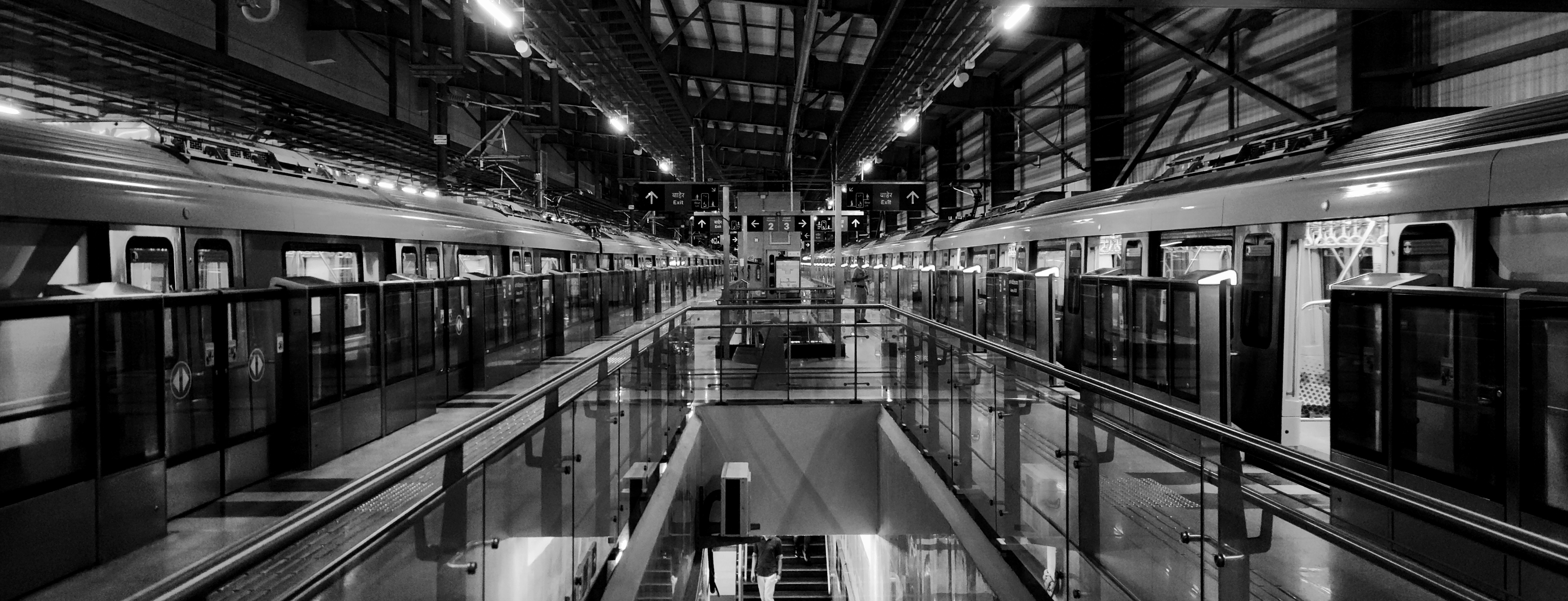 Rows of trains in a large industrial building