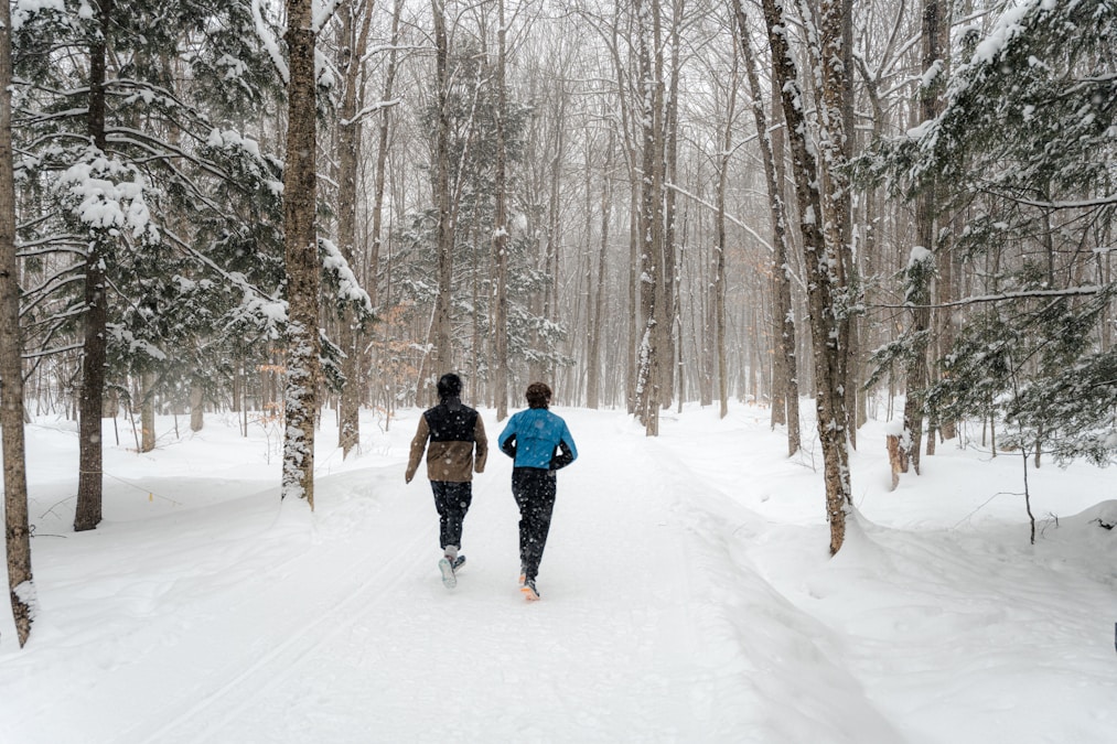 Two runners in dark jackets running along a snow-covered forest trail