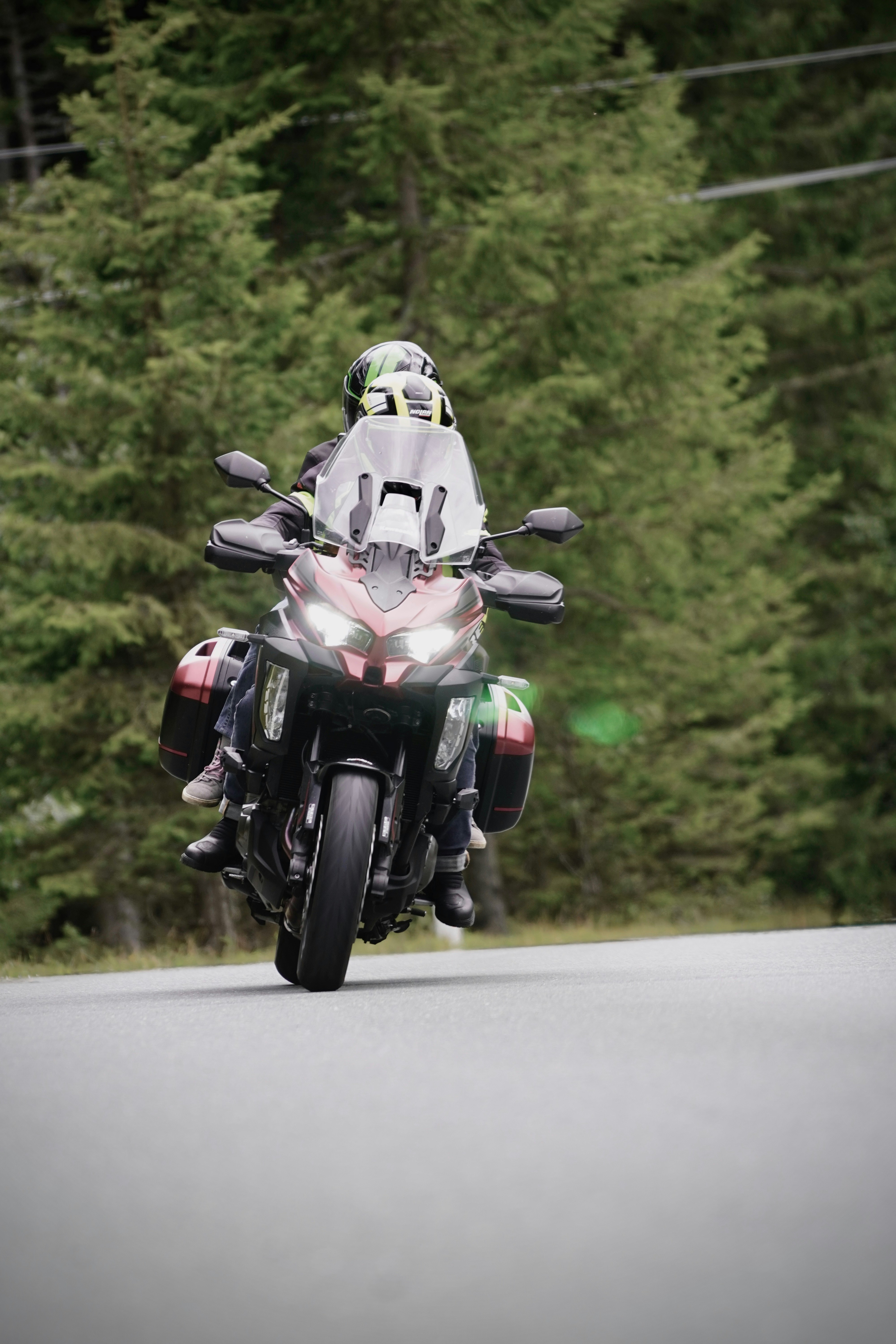 Motorcyclist riding on a winding road through trees
