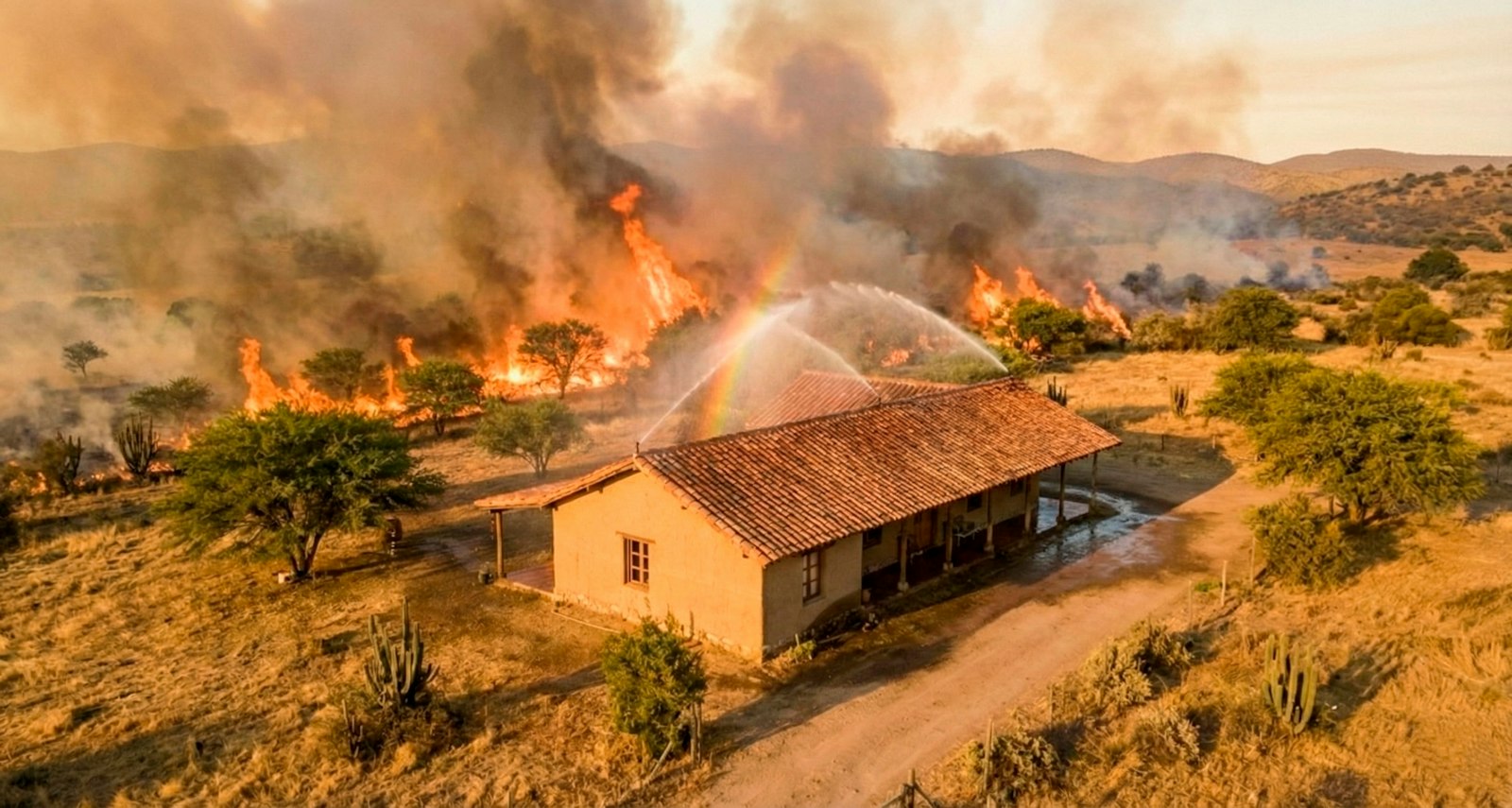 A wildfire burning through brush close to a rural house while sprinklers spray water nearby
