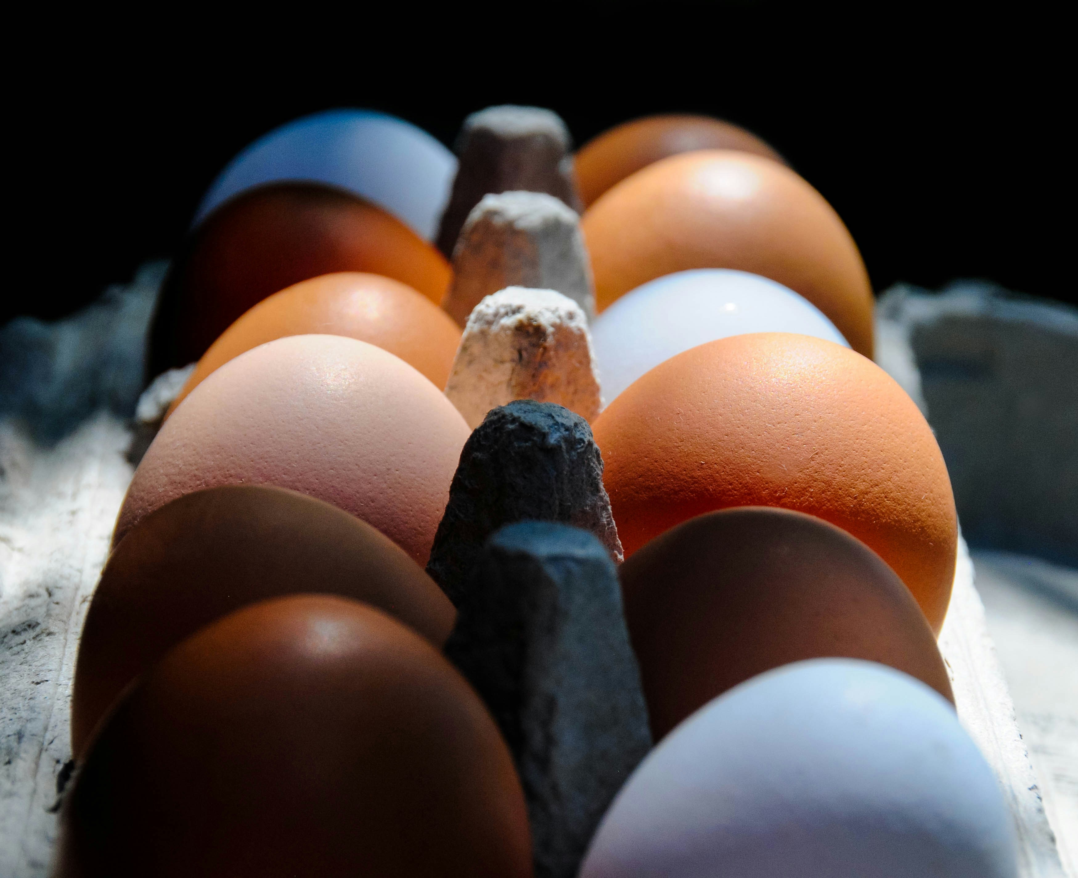 A carton of assorted brown and white eggs