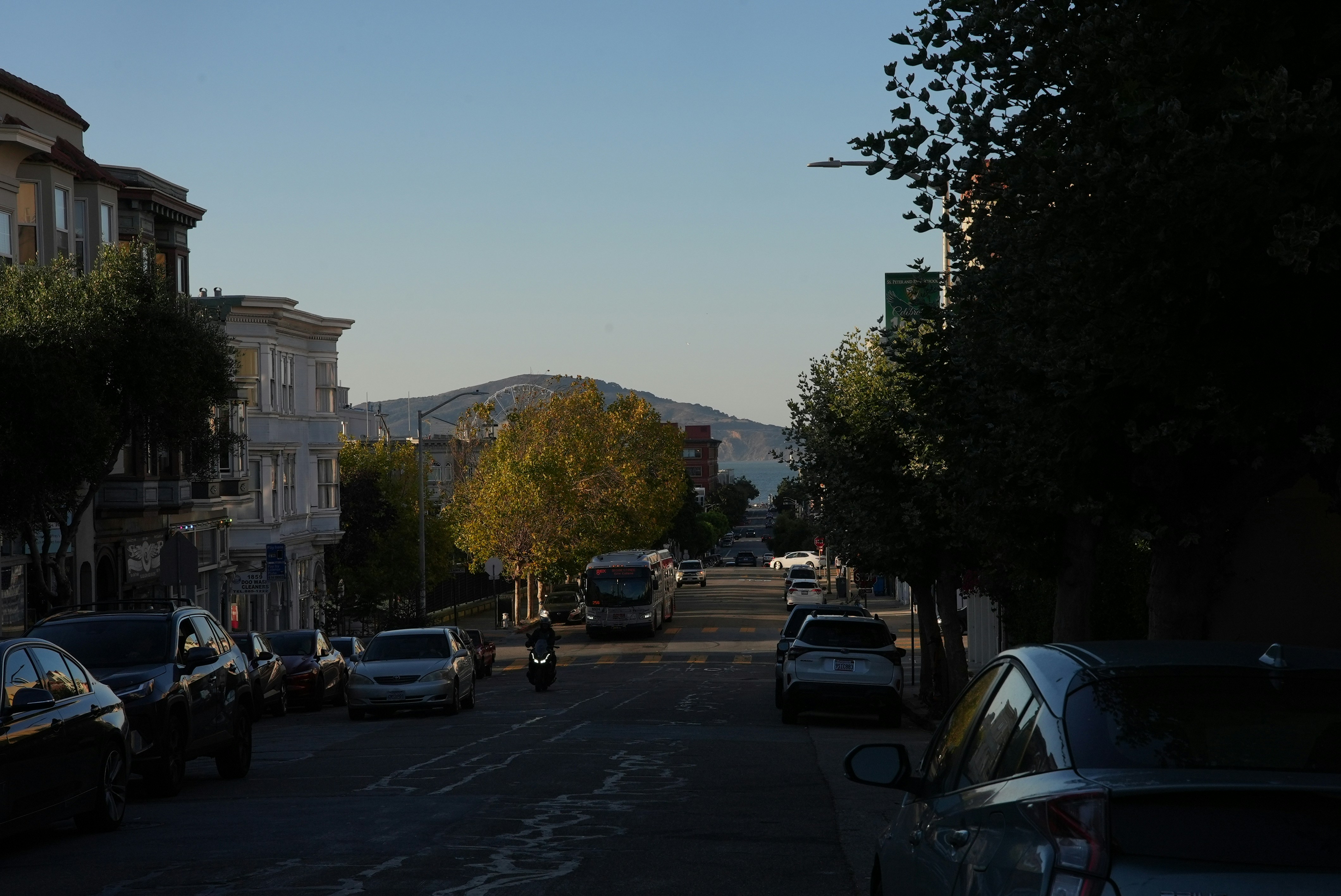 Urban park and city streets in San Francisco with soft sunset shadows