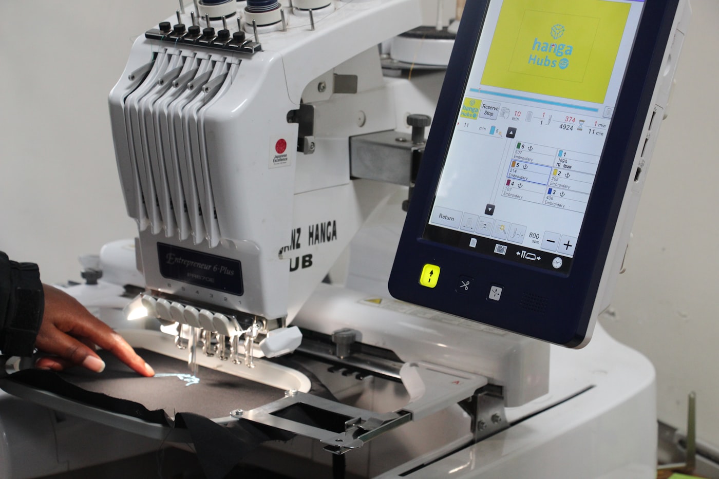 Embroidery machine in operation