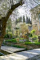 Lush green garden with stone pathways and trees