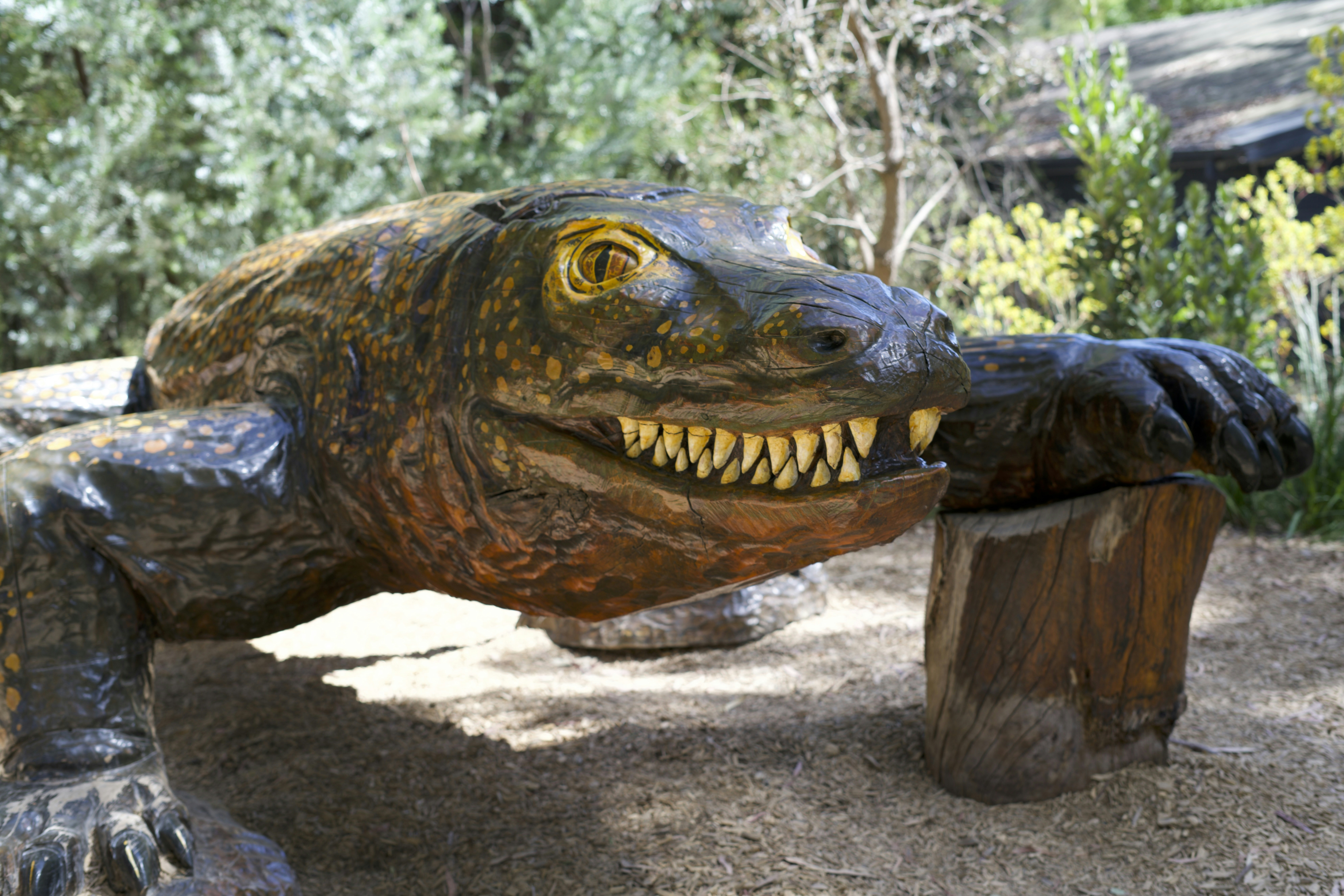 Una escultura detallada de madera de un dragón de Komodo.