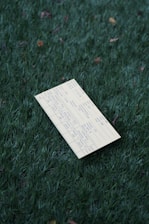 A yellow card lies on green grass