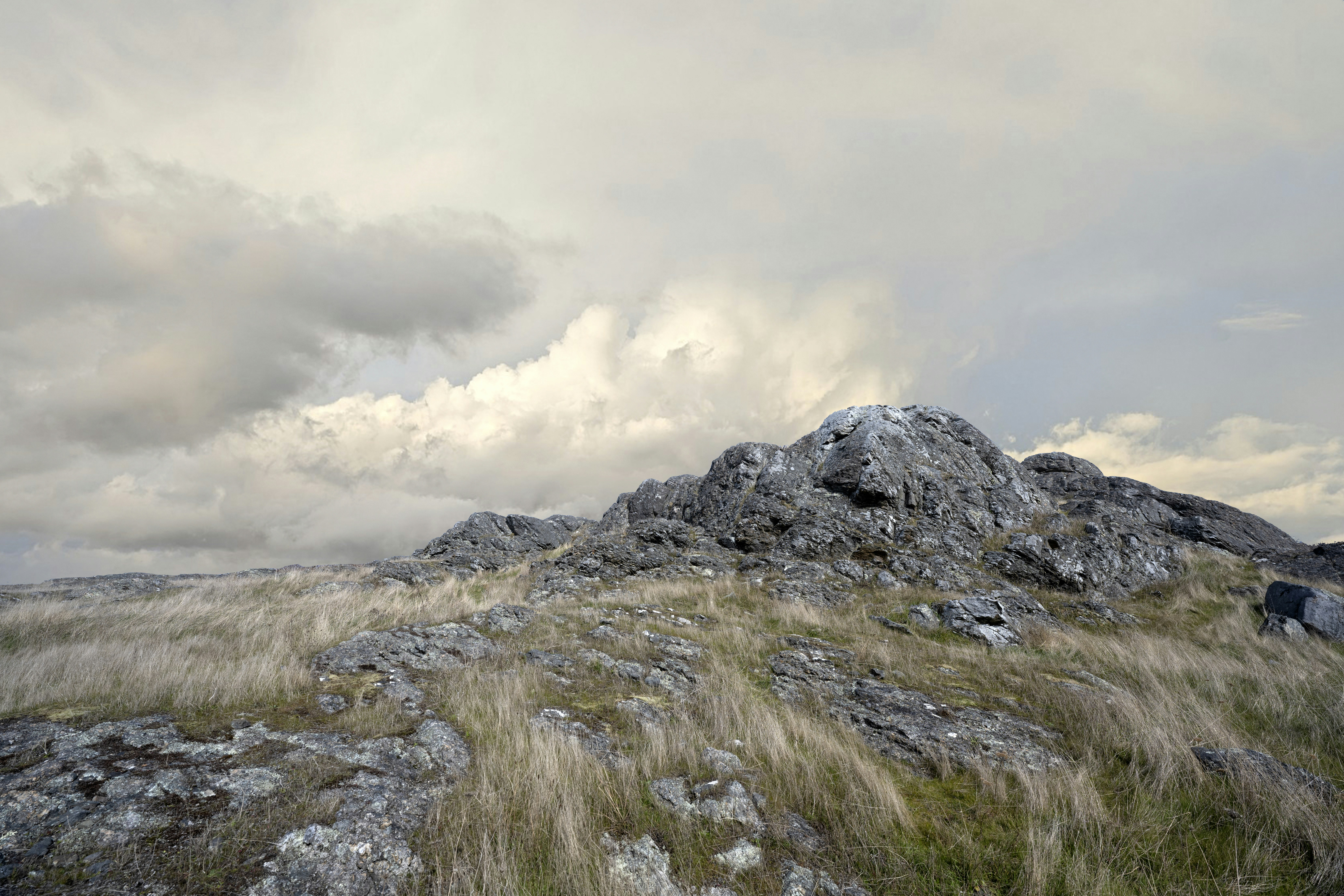 Afloramiento rocoso con hierba seca bajo cielo nublado