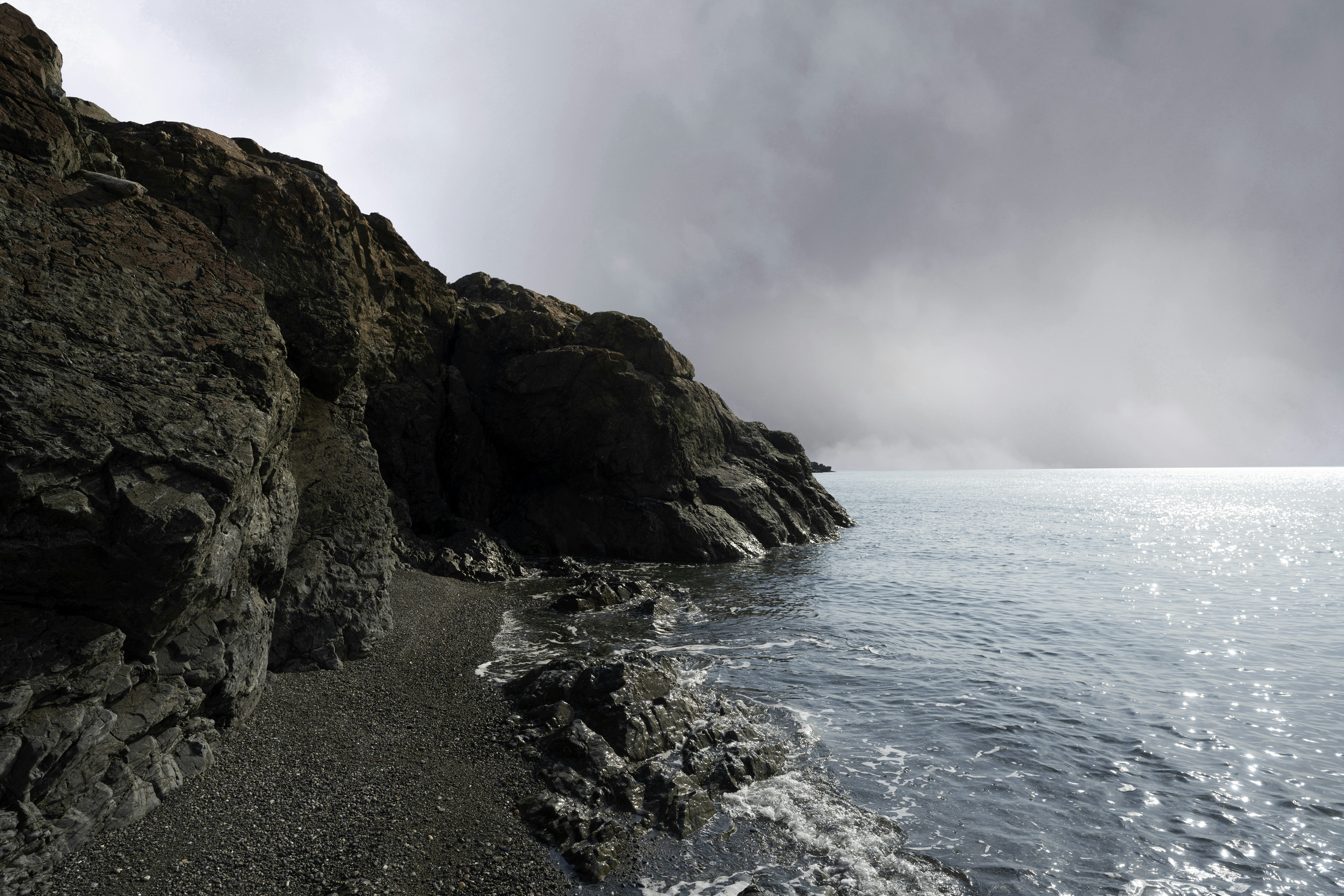 Costa rocosa oscura con océano brumoso y cielo nublado