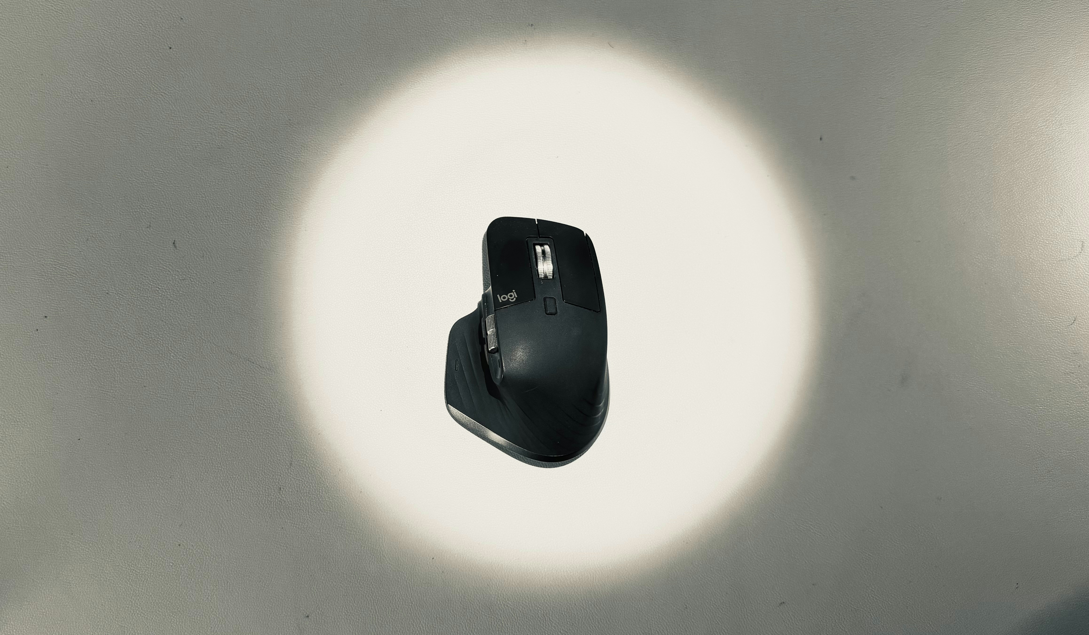 A black computer mouse illuminated by a spotlight.
