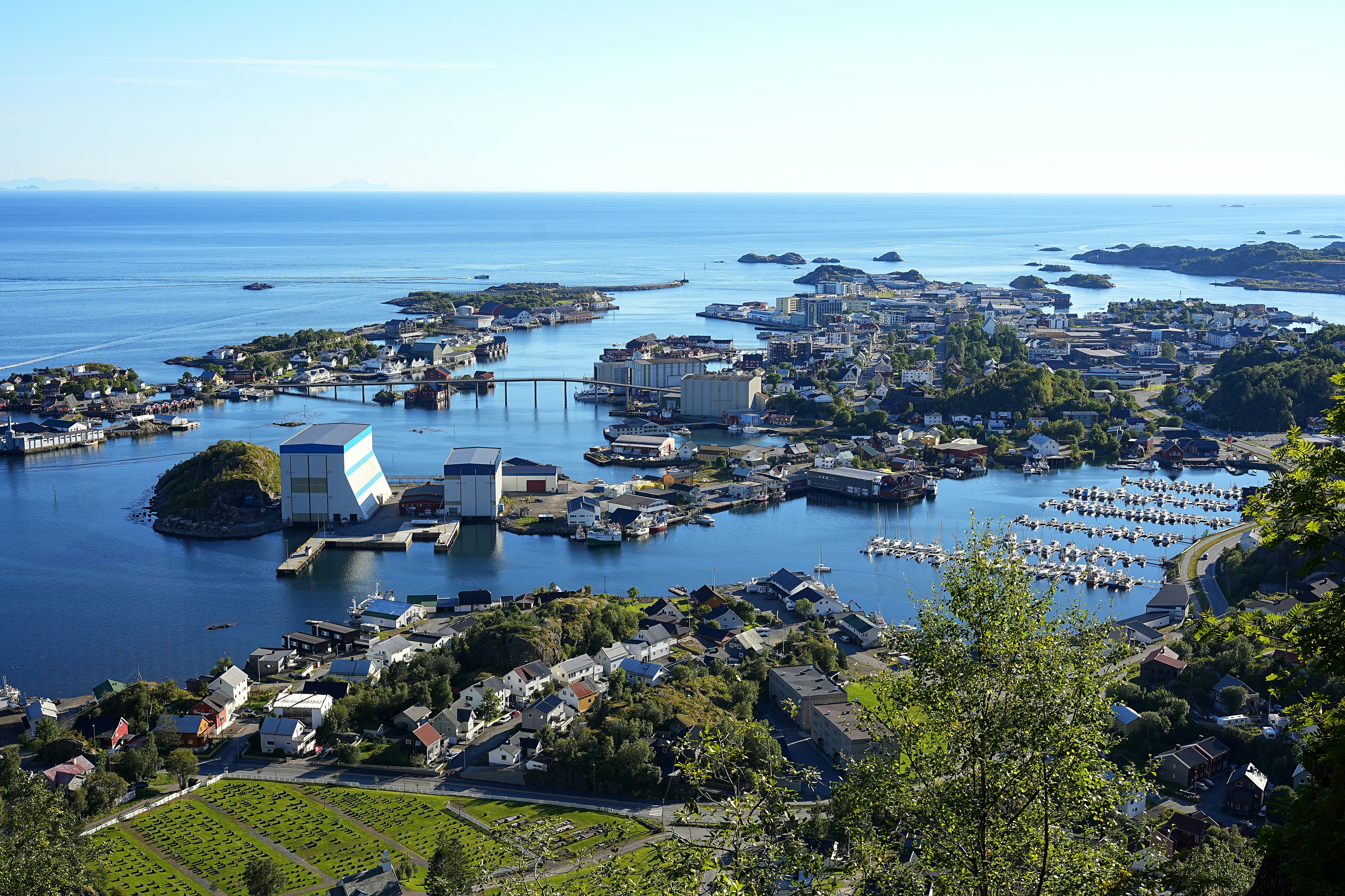 Coastal town with harbor and ocean view