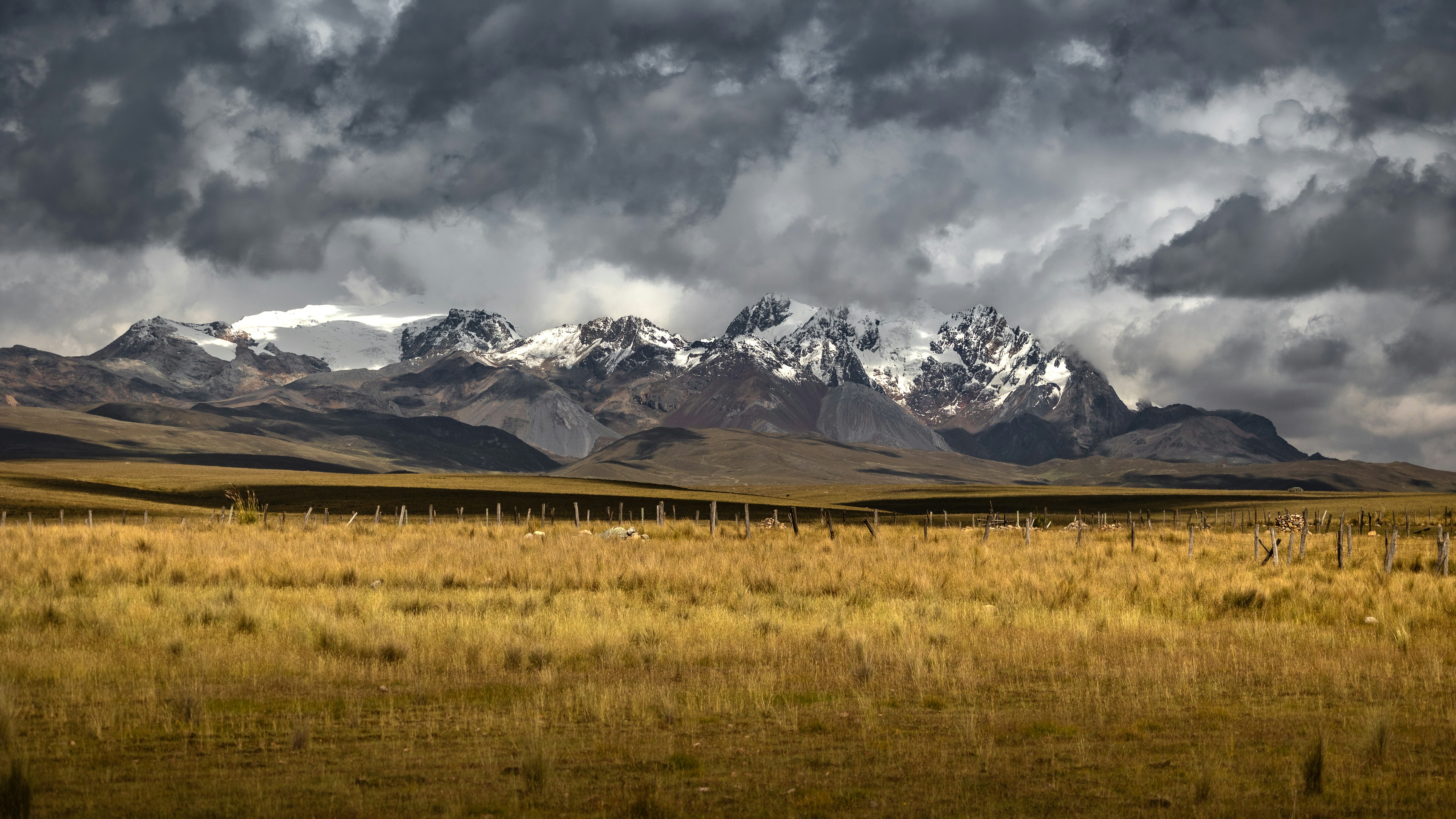 Snow-capped mountains under stormy clouds above grassy plains