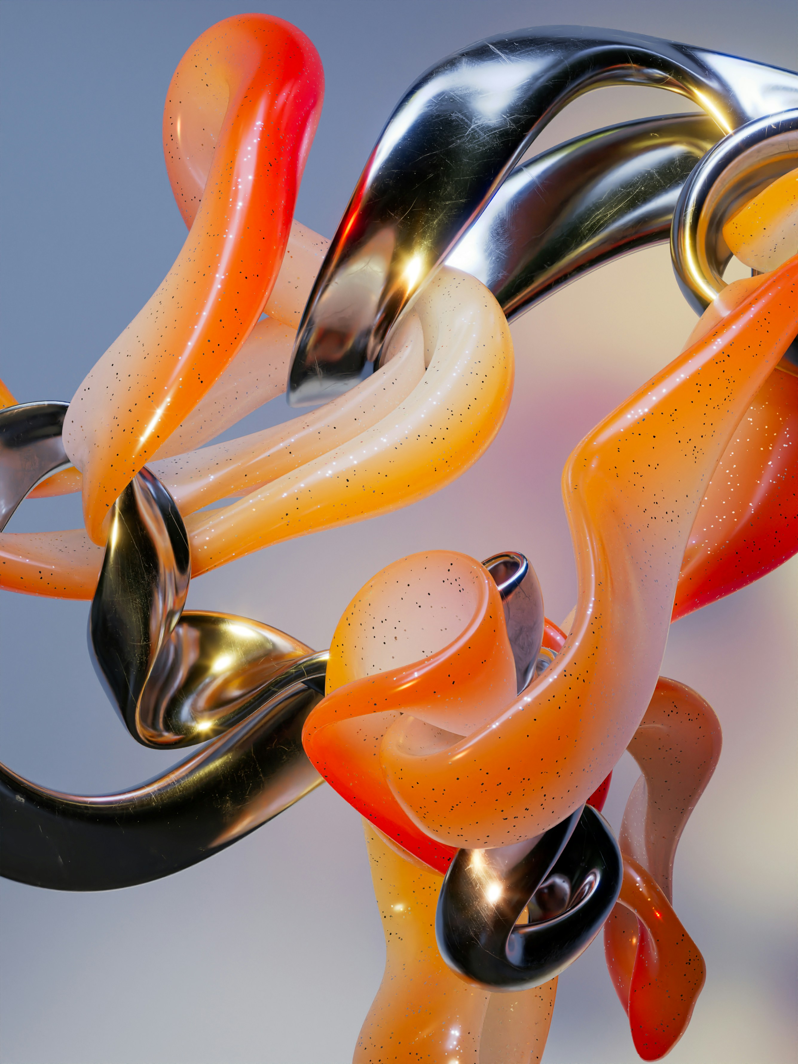 Abstract swirling shapes of orange and silver