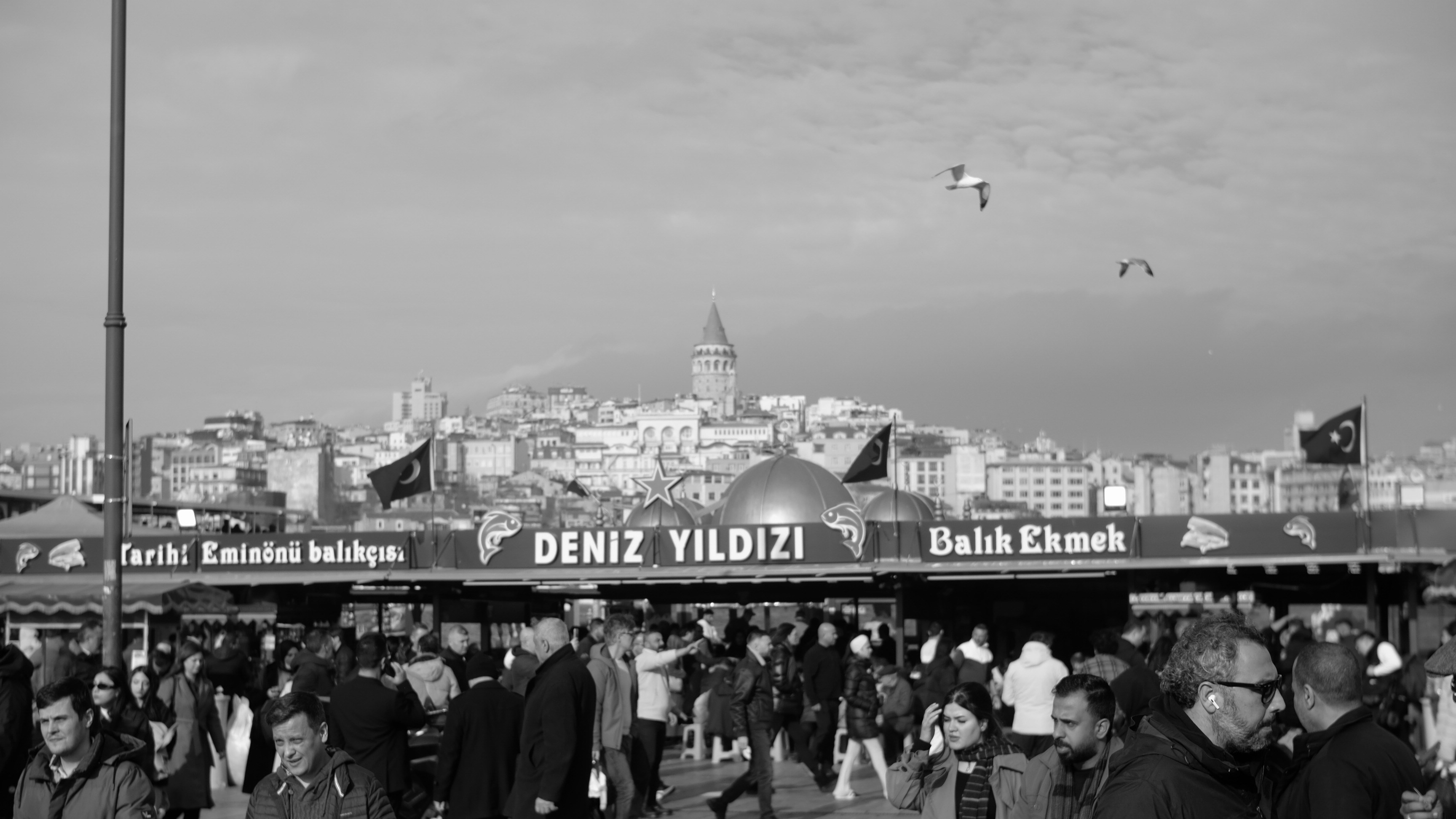 Crowd gathers near a building with city skyline behind.
