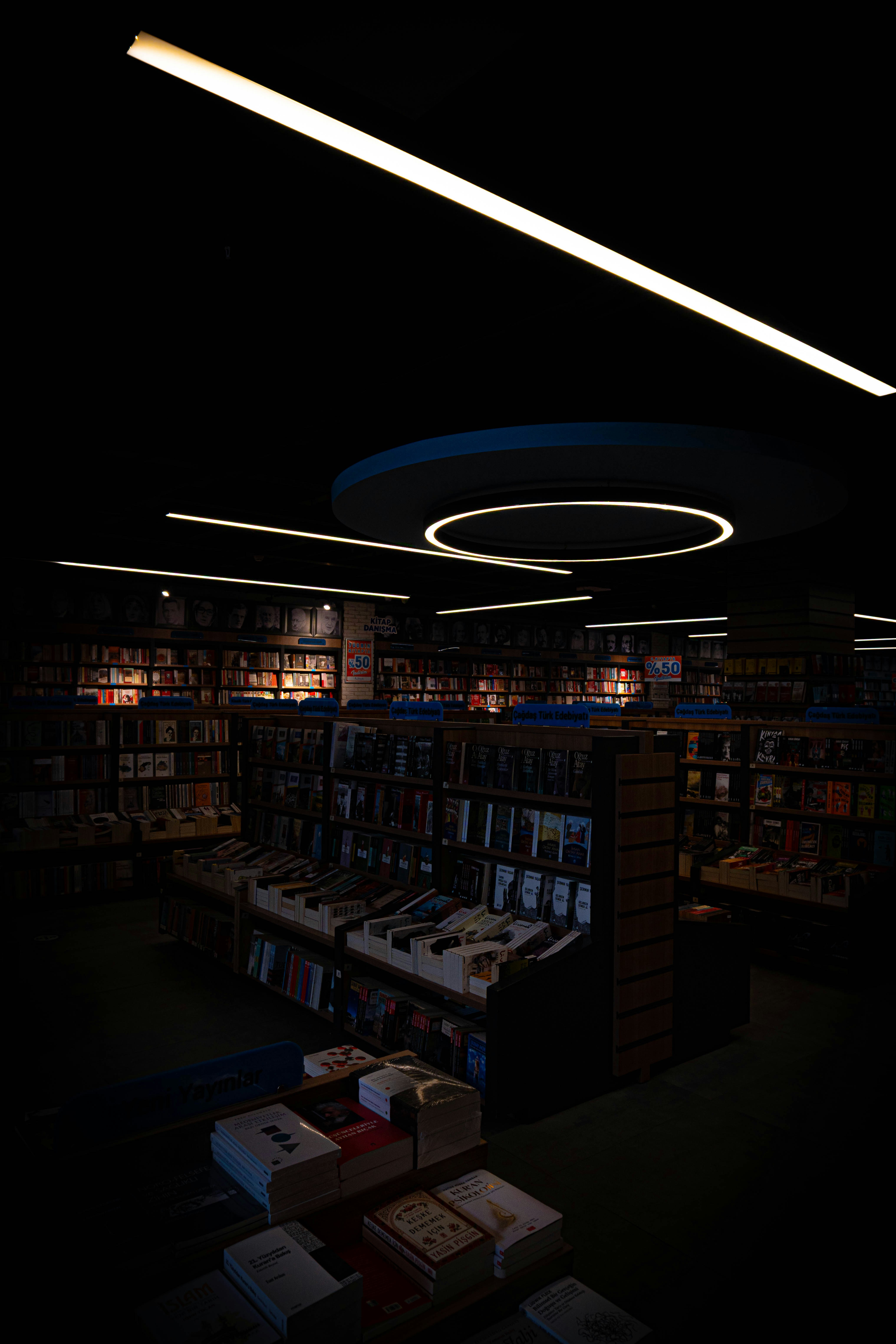 A dimly lit bookstore interior with many books on display.
