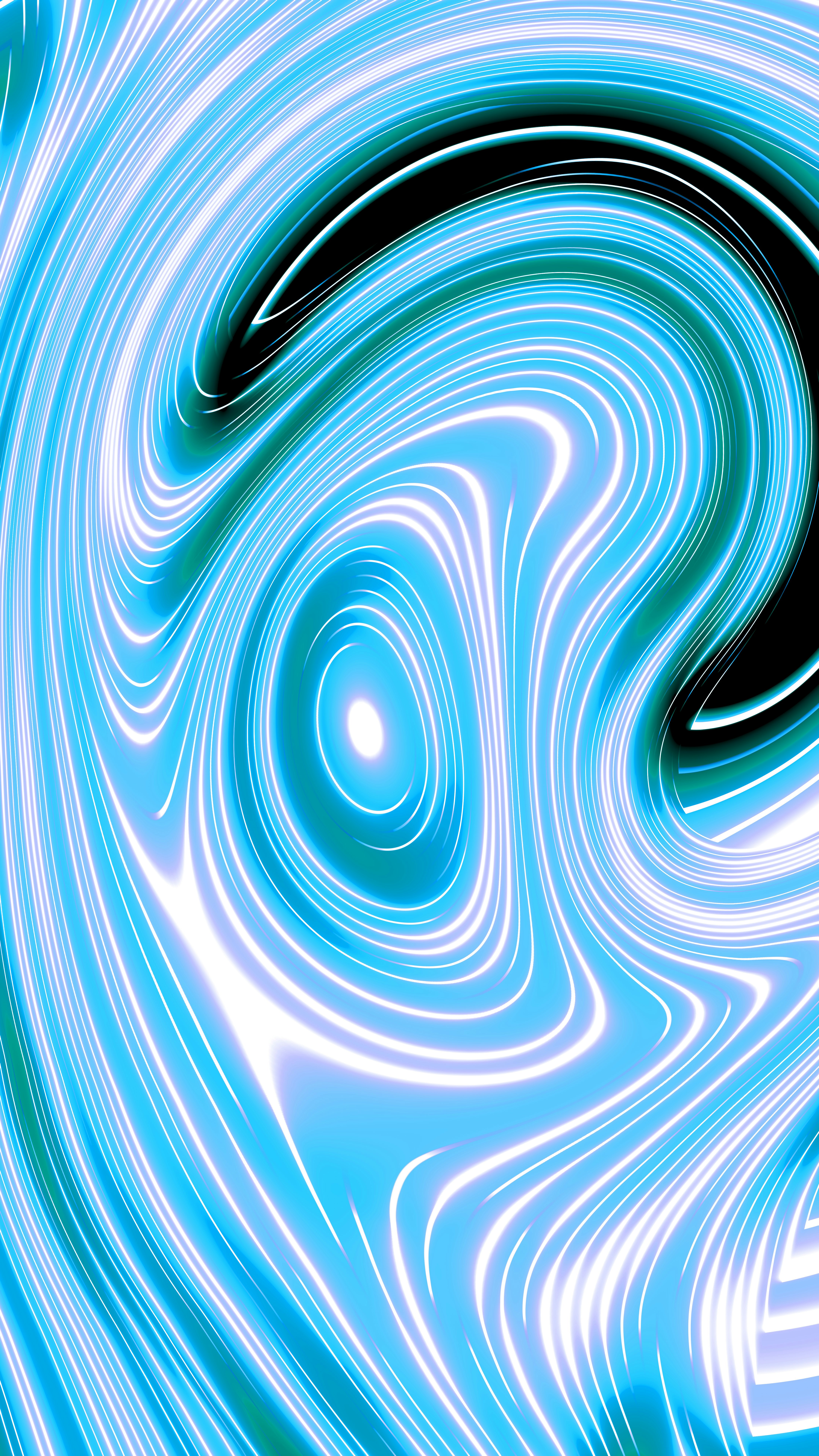 Abstract swirling blue and white lines with black accents.