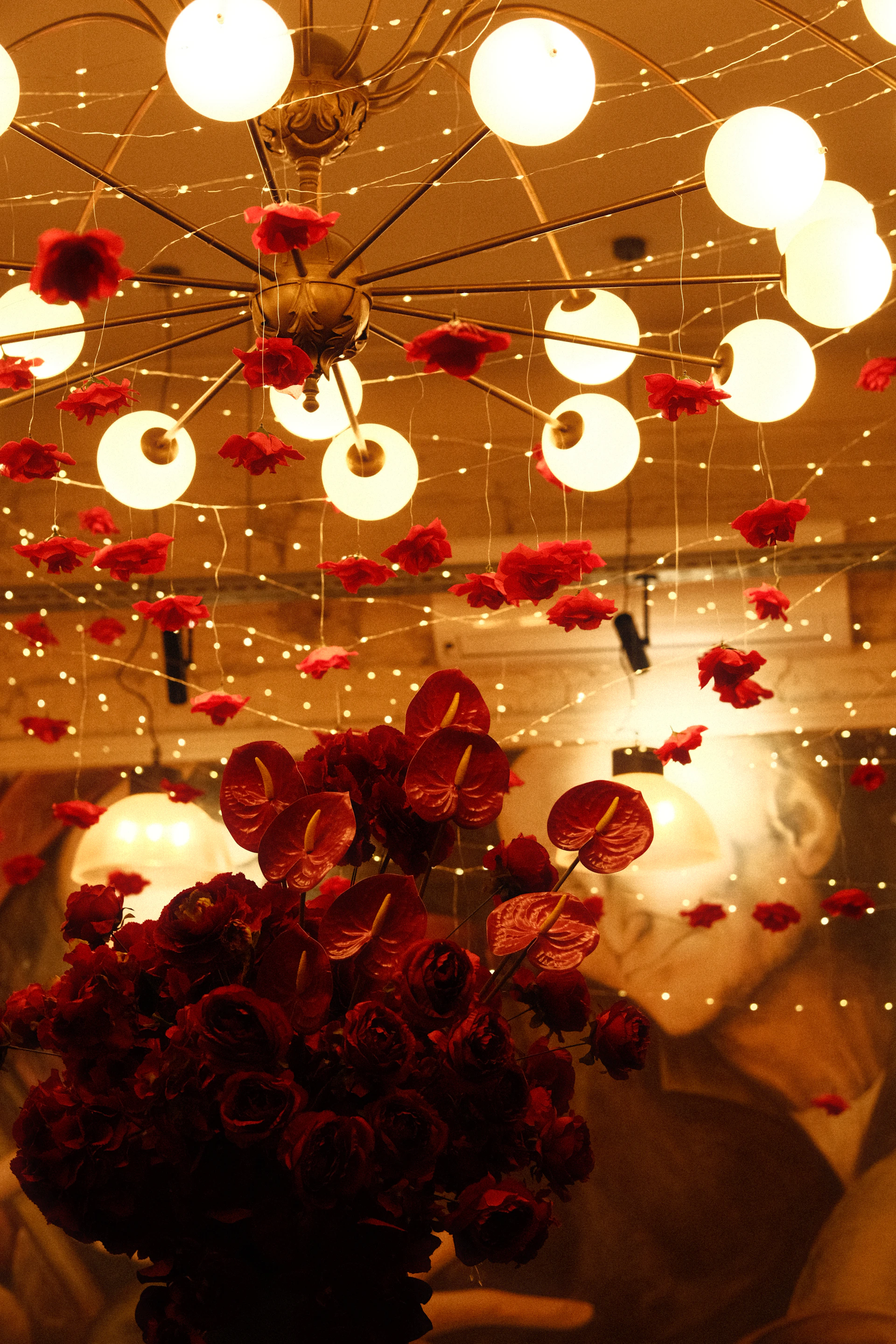 Red flowers and glowing lights decorate a ceiling