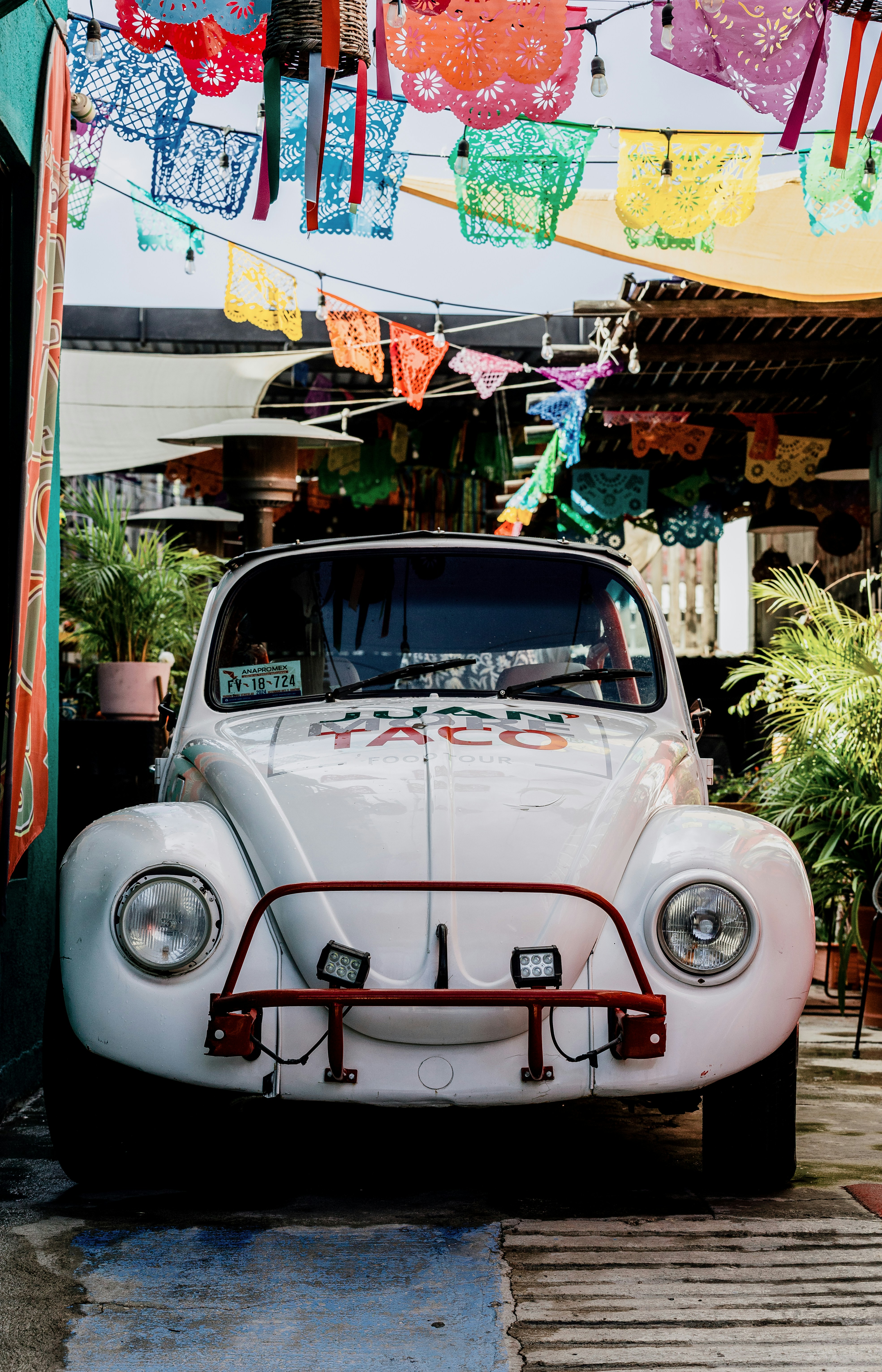 Weißer Volkswagen Käfer mit "Taco" auf der Motorhaube.