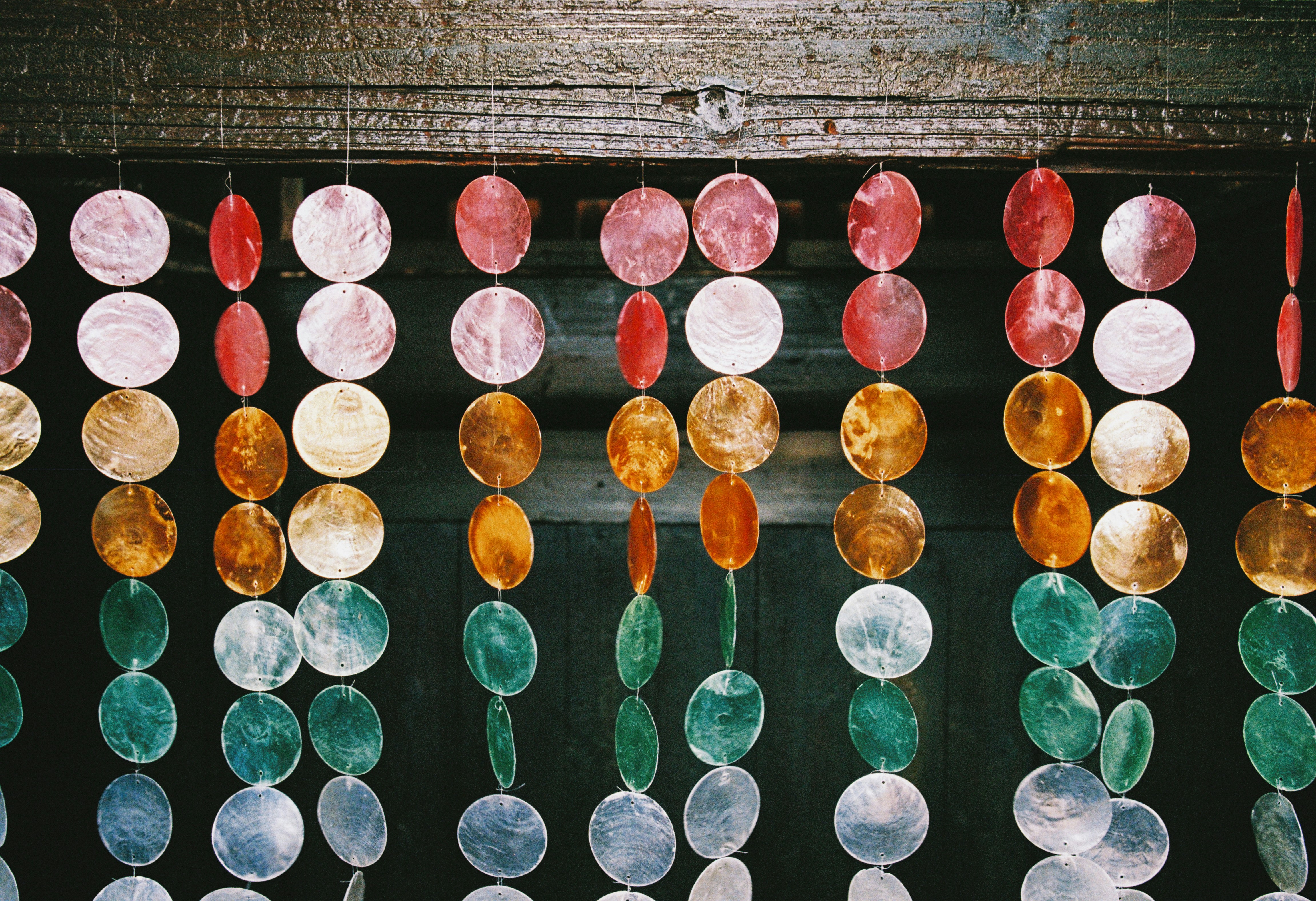 Colorful shell beads hanging in rows