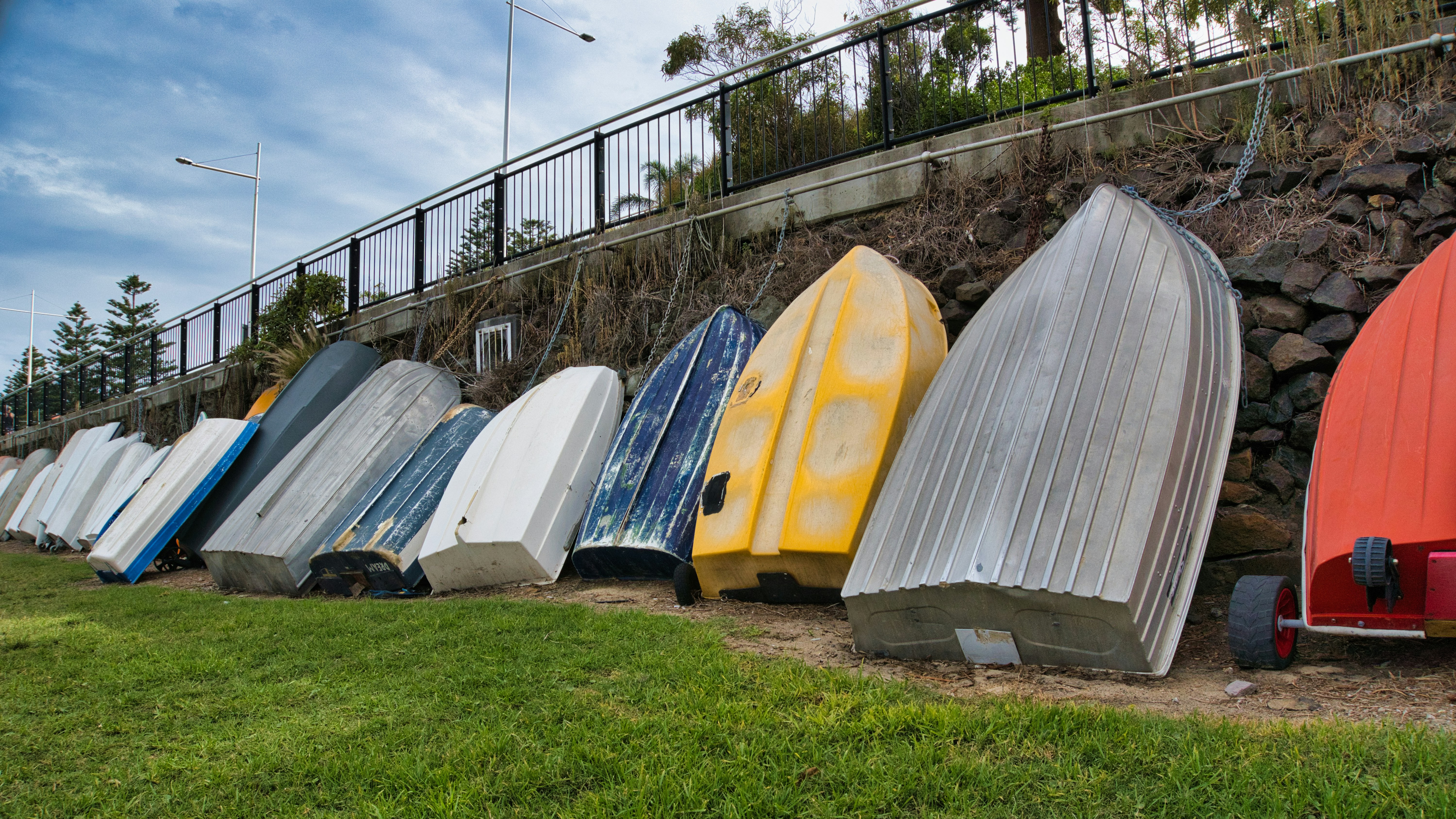 Rowboats lined up on grassy shore under cloudy sky