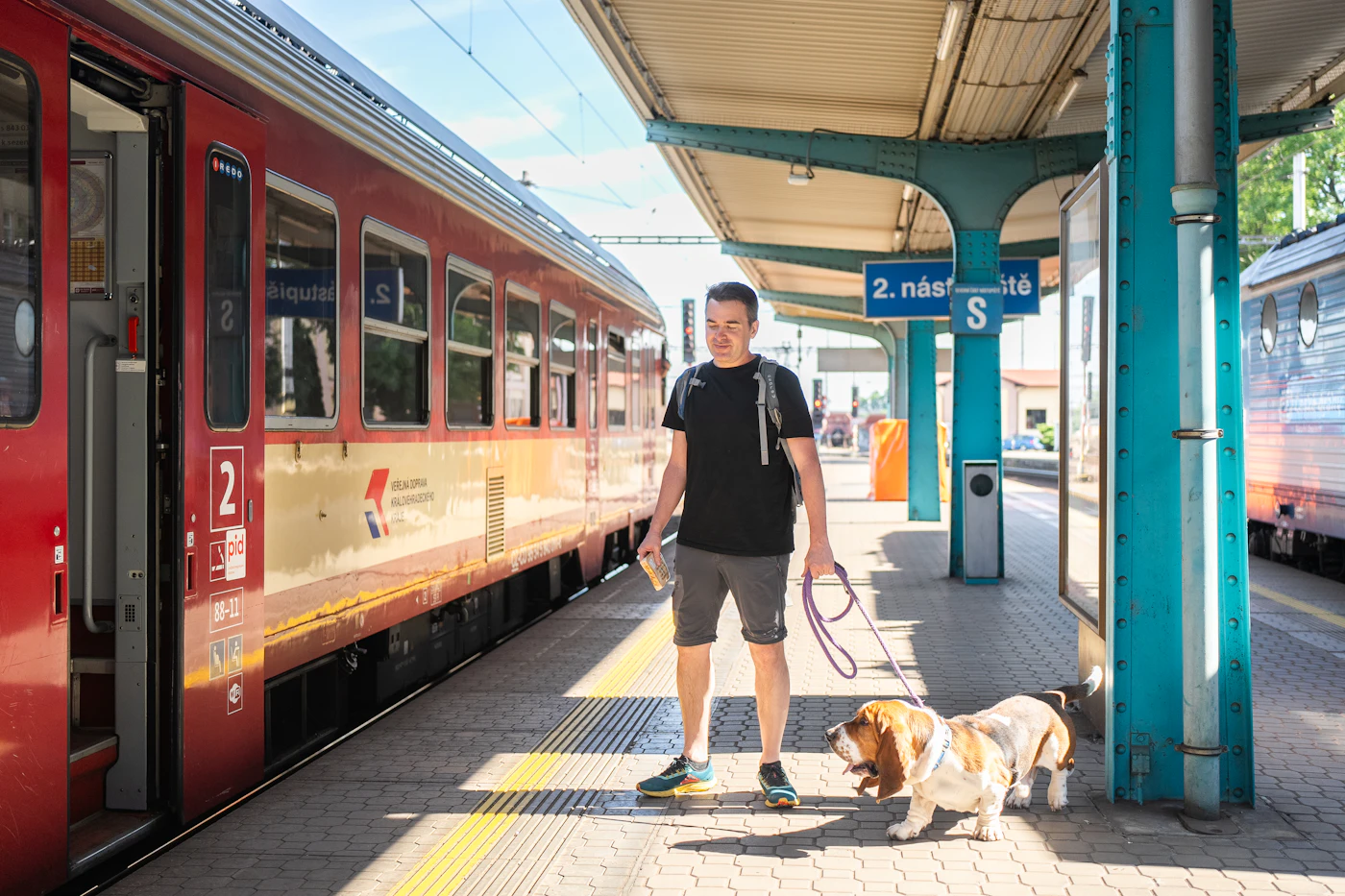 A man standing beside his dog on a train station platform holding the leash as a train waits at the curb of the track