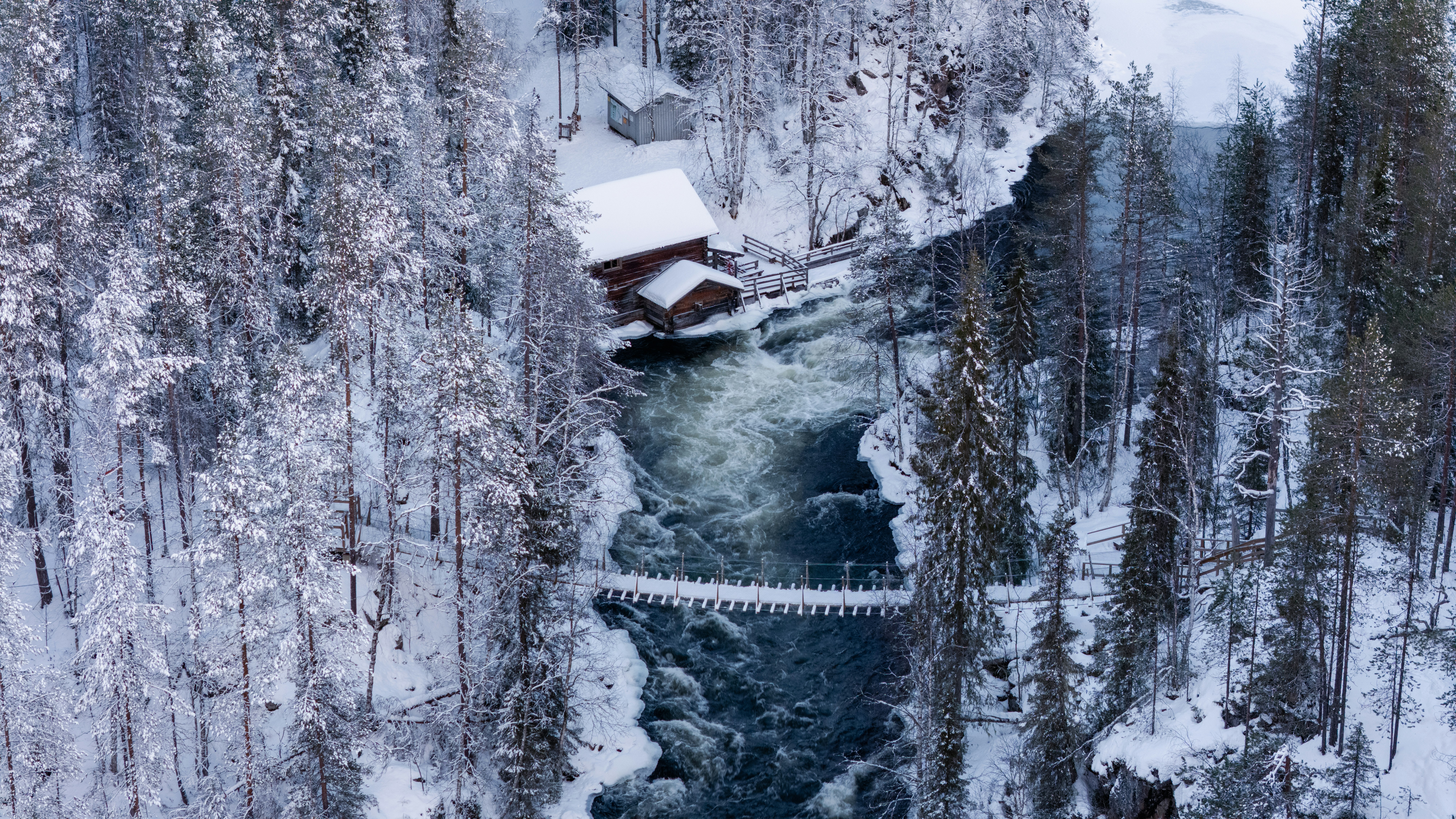 Schneebedeckter Wald mit Fluss und Holzhütte