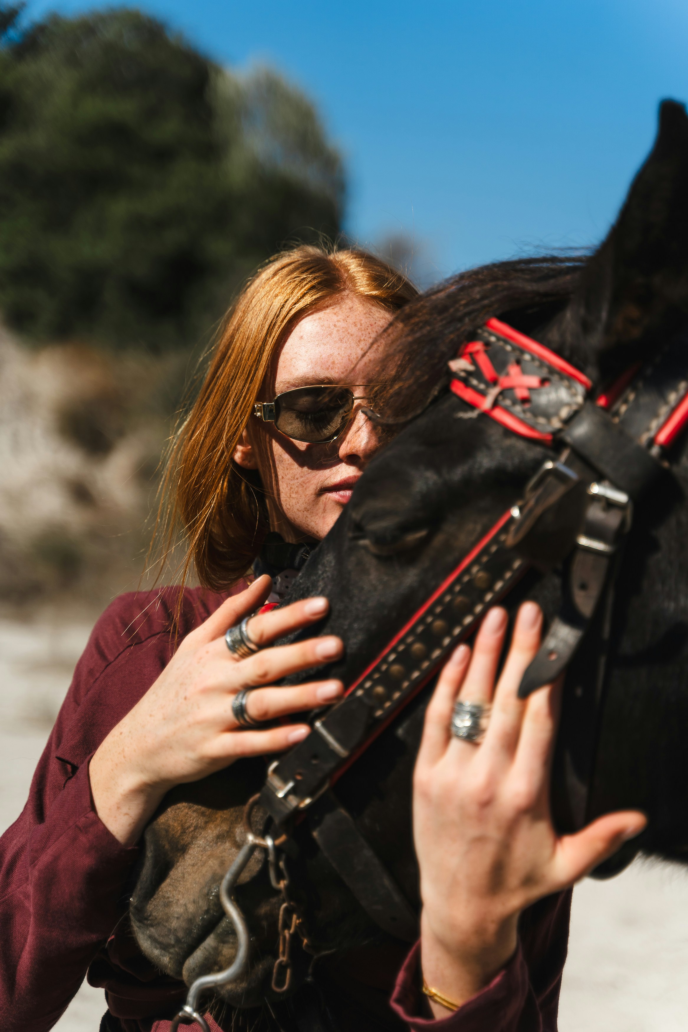Young woman with red hair embraces a dark horse.
