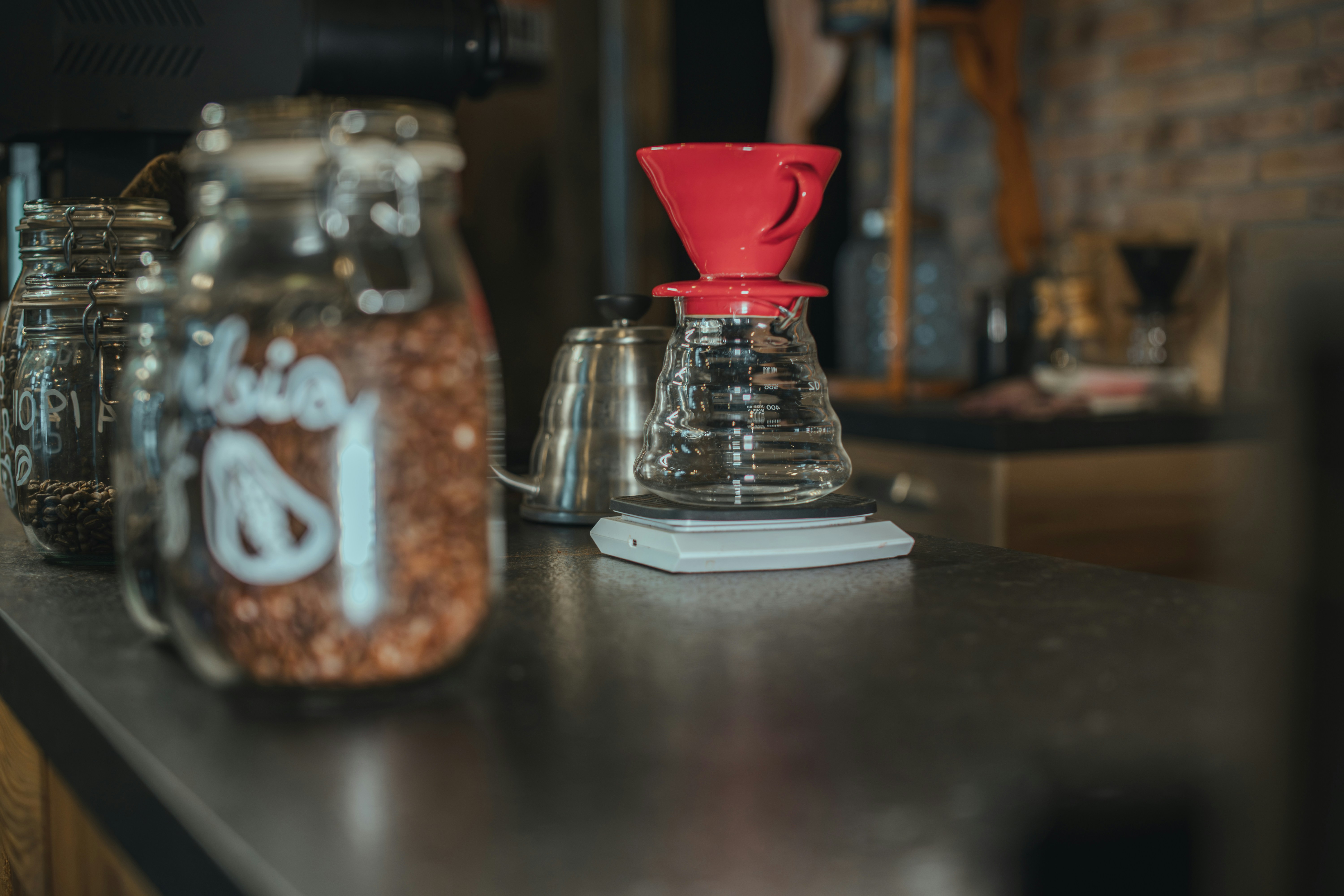 Coffee brewing equipment on a counter