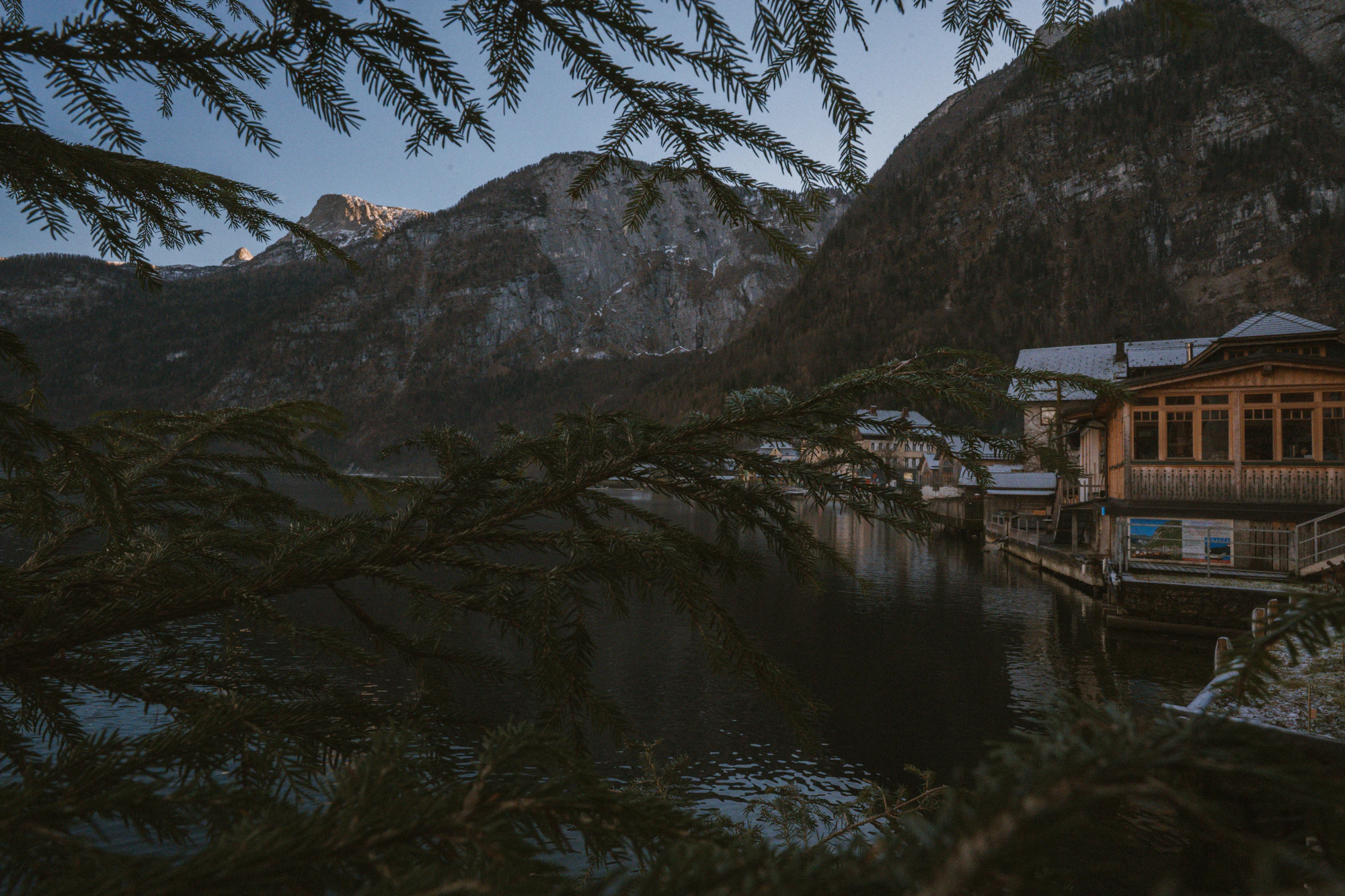 Calm mountain lake at dusk