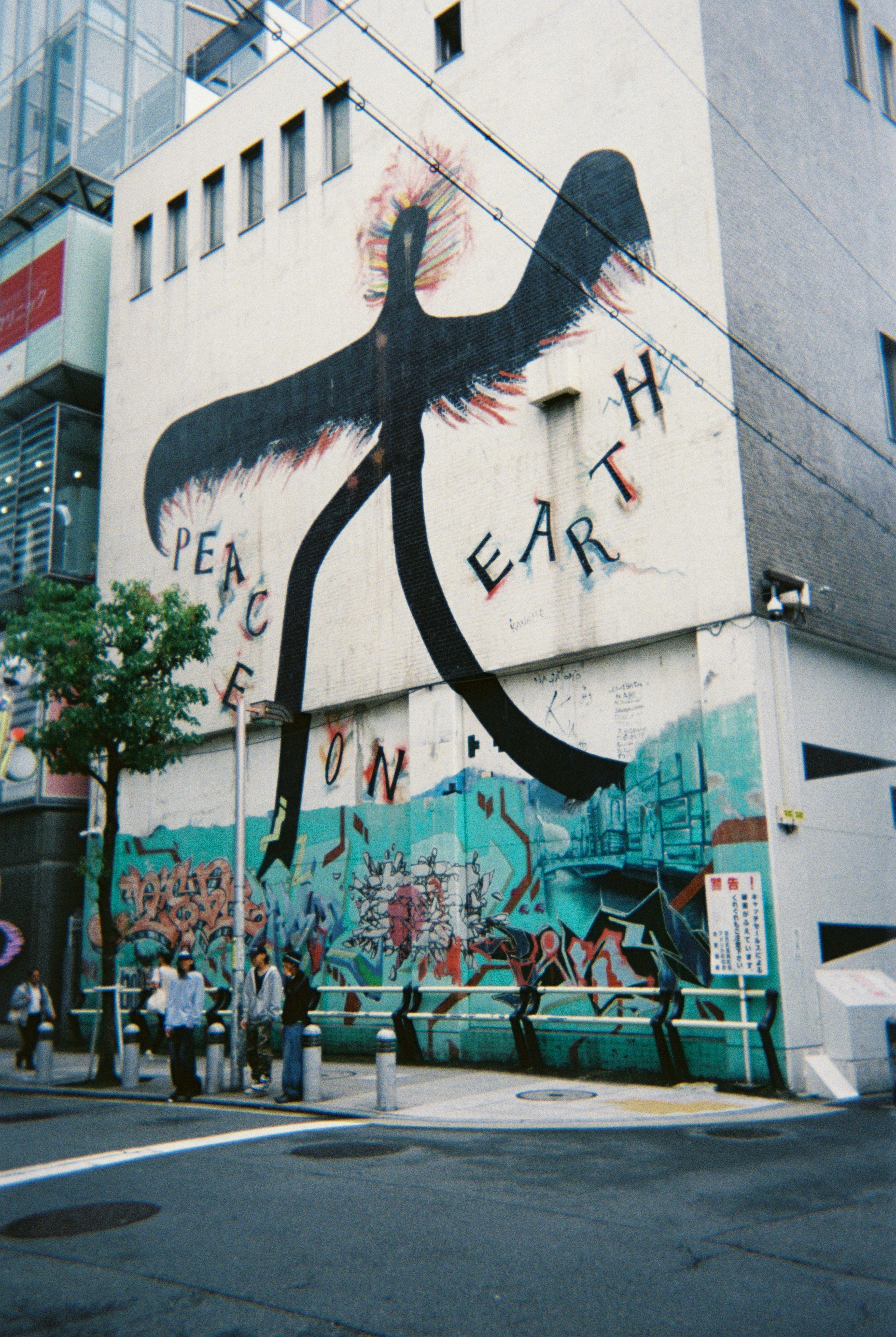Large black bird mural with "peace on earth" text.